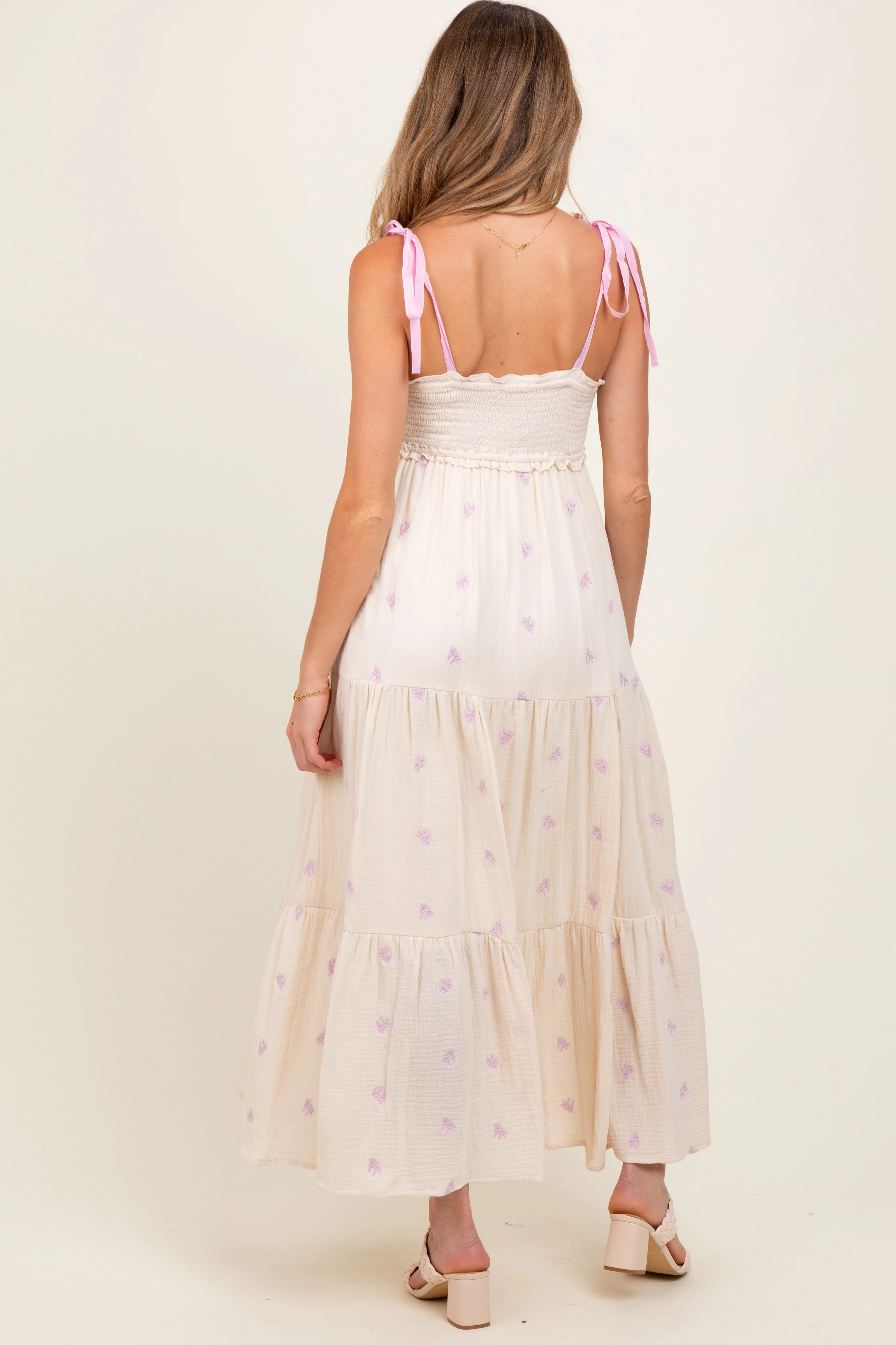 Cream Embroidered Smocked Shoulder Tie Maternity Maxi Dress sold by Pinkblush product image thumbnail 4