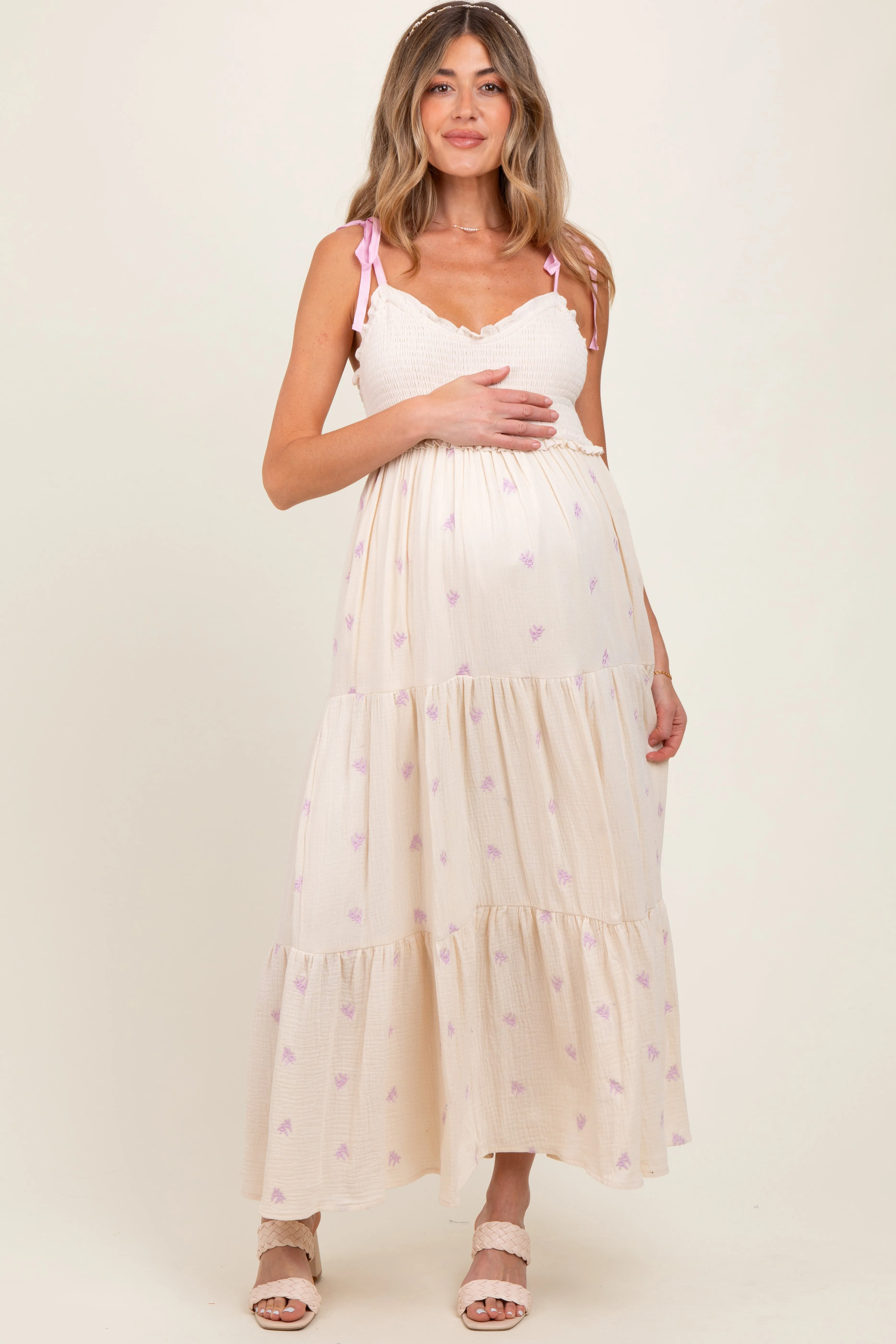Cream Embroidered Smocked Shoulder Tie Maternity Maxi Dress sold by Pinkblush
