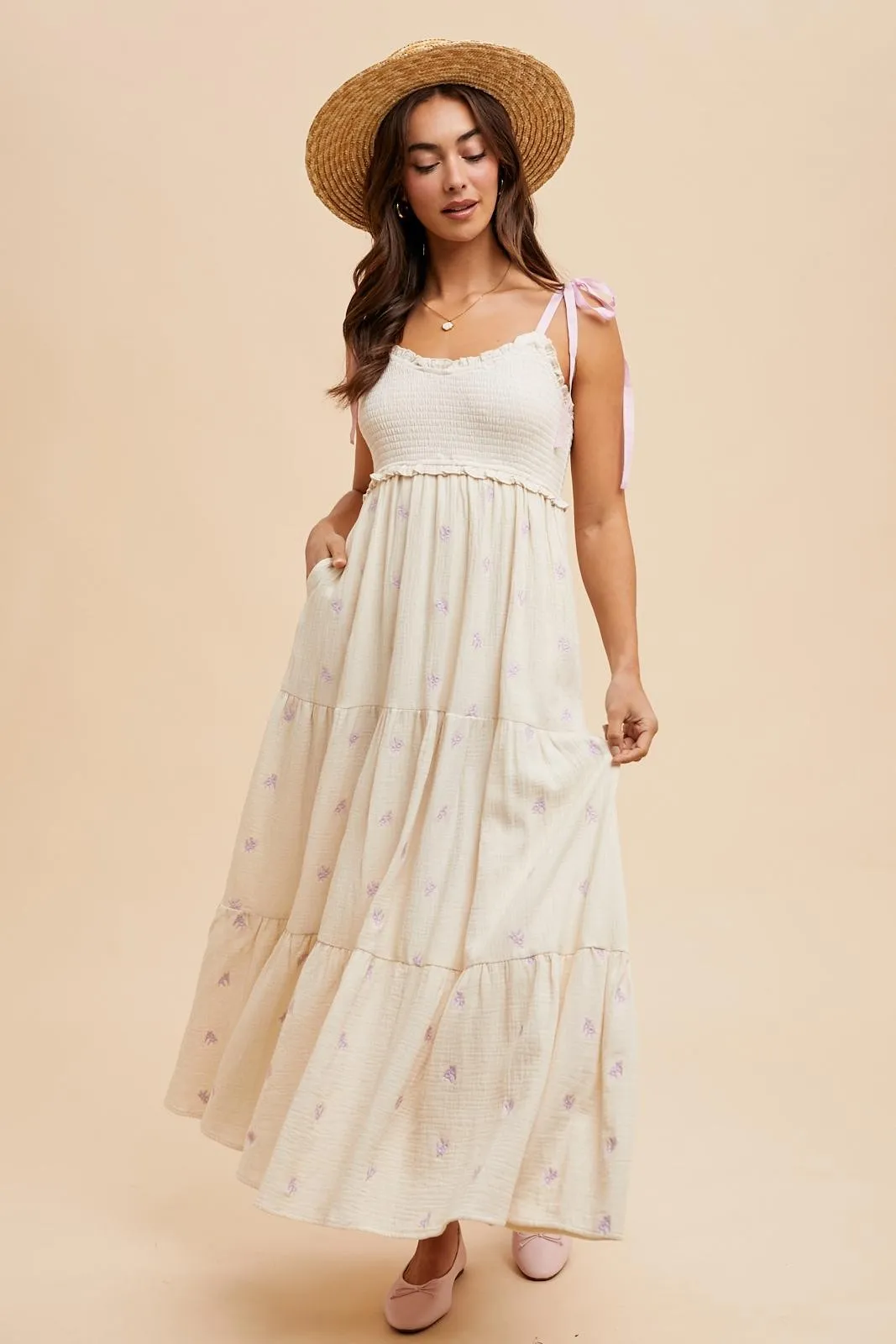 Cream Embroidered Smocked Shoulder Tie Maternity Maxi Dress sold by Pinkblush product image thumbnail 5