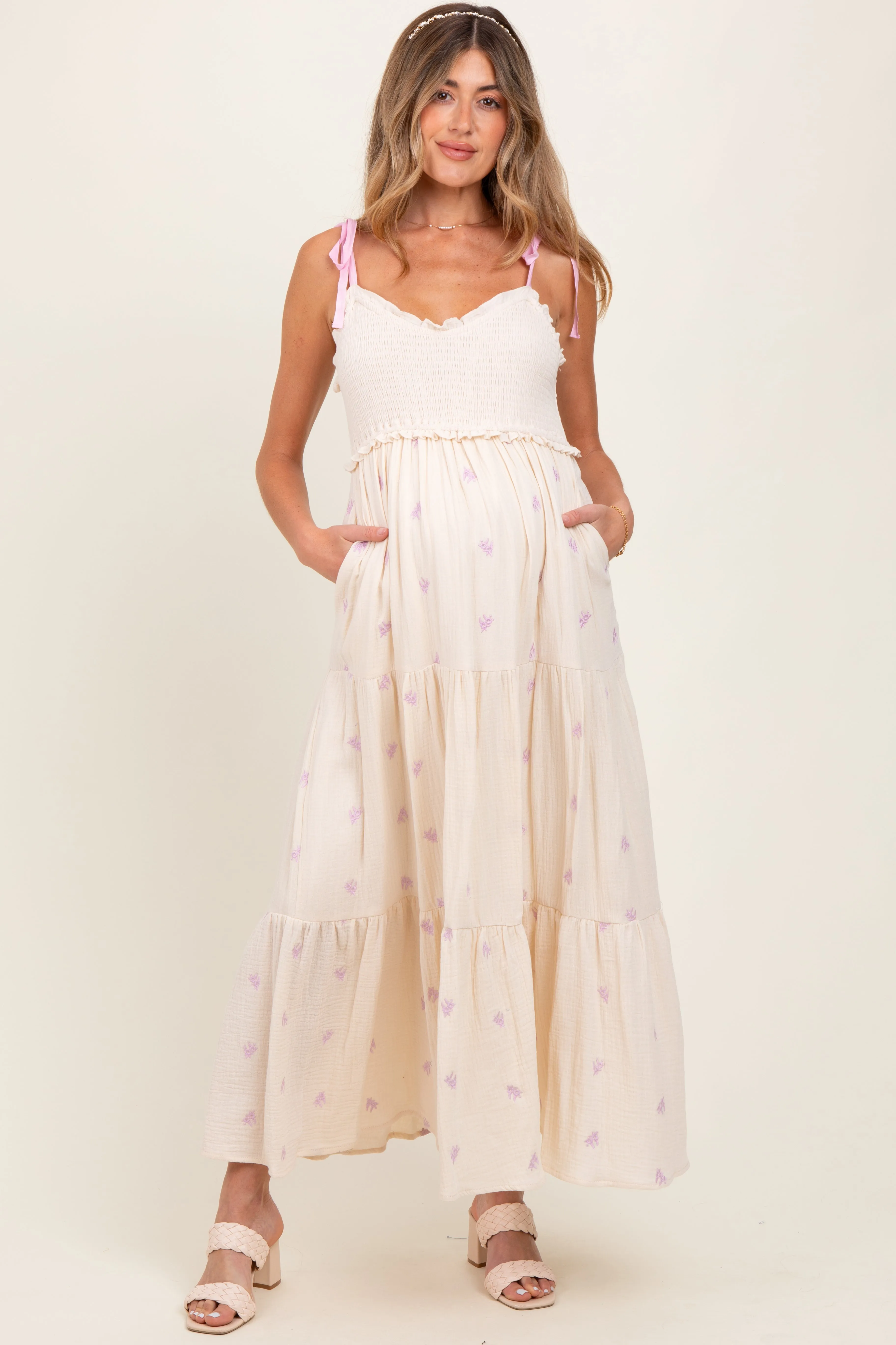 Cream Embroidered Smocked Shoulder Tie Maternity Maxi Dress sold by Pinkblush product image thumbnail 2