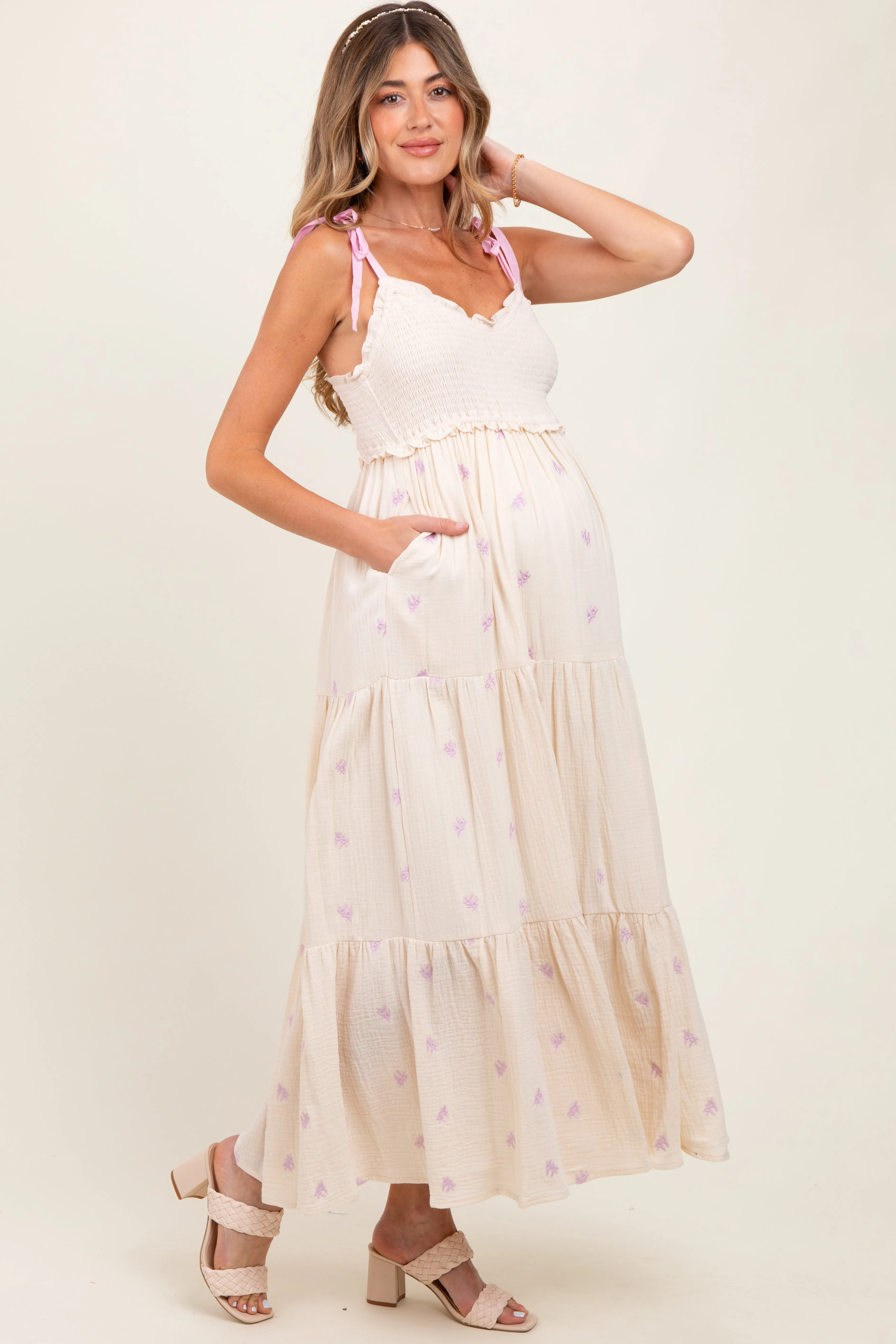 Cream Embroidered Smocked Shoulder Tie Maternity Maxi Dress sold by Pinkblush product image thumbnail 3