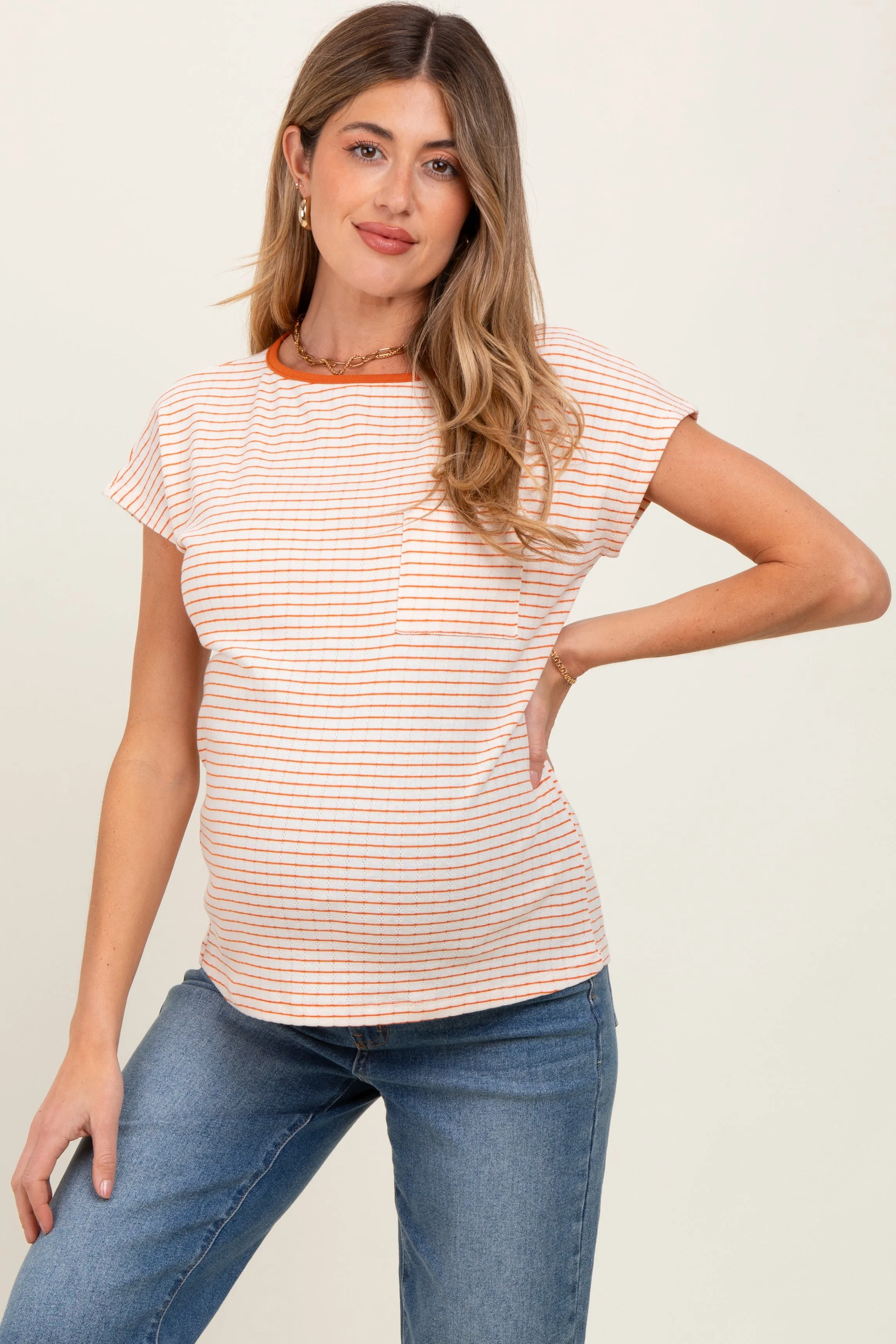 Orange Striped Knit Maternity Short Sleeve Top sold by Pinkblush product image thumbnail 2