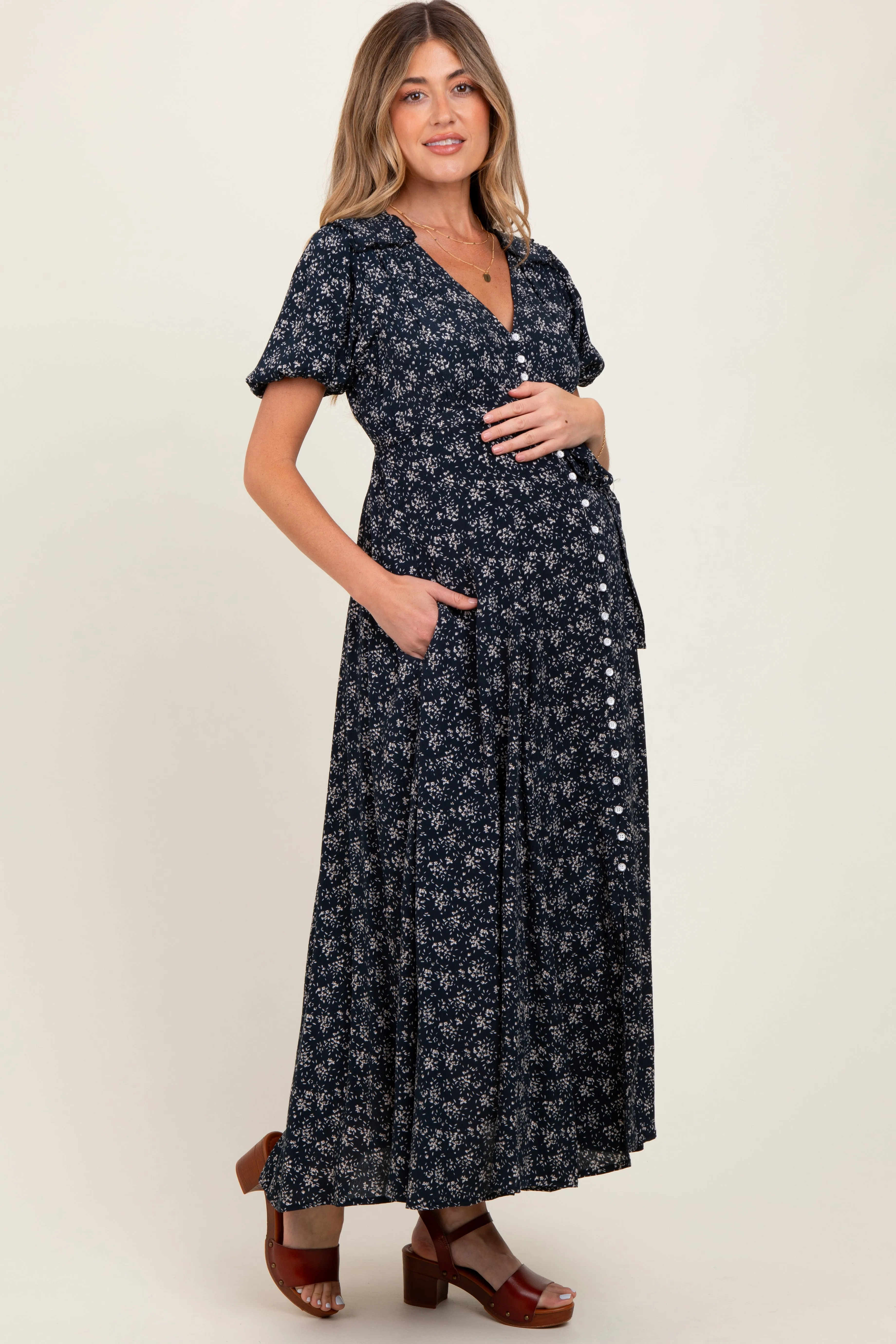 Navy Floral Button Down Maternity Dress sold by Pinkblush product image thumbnail 3