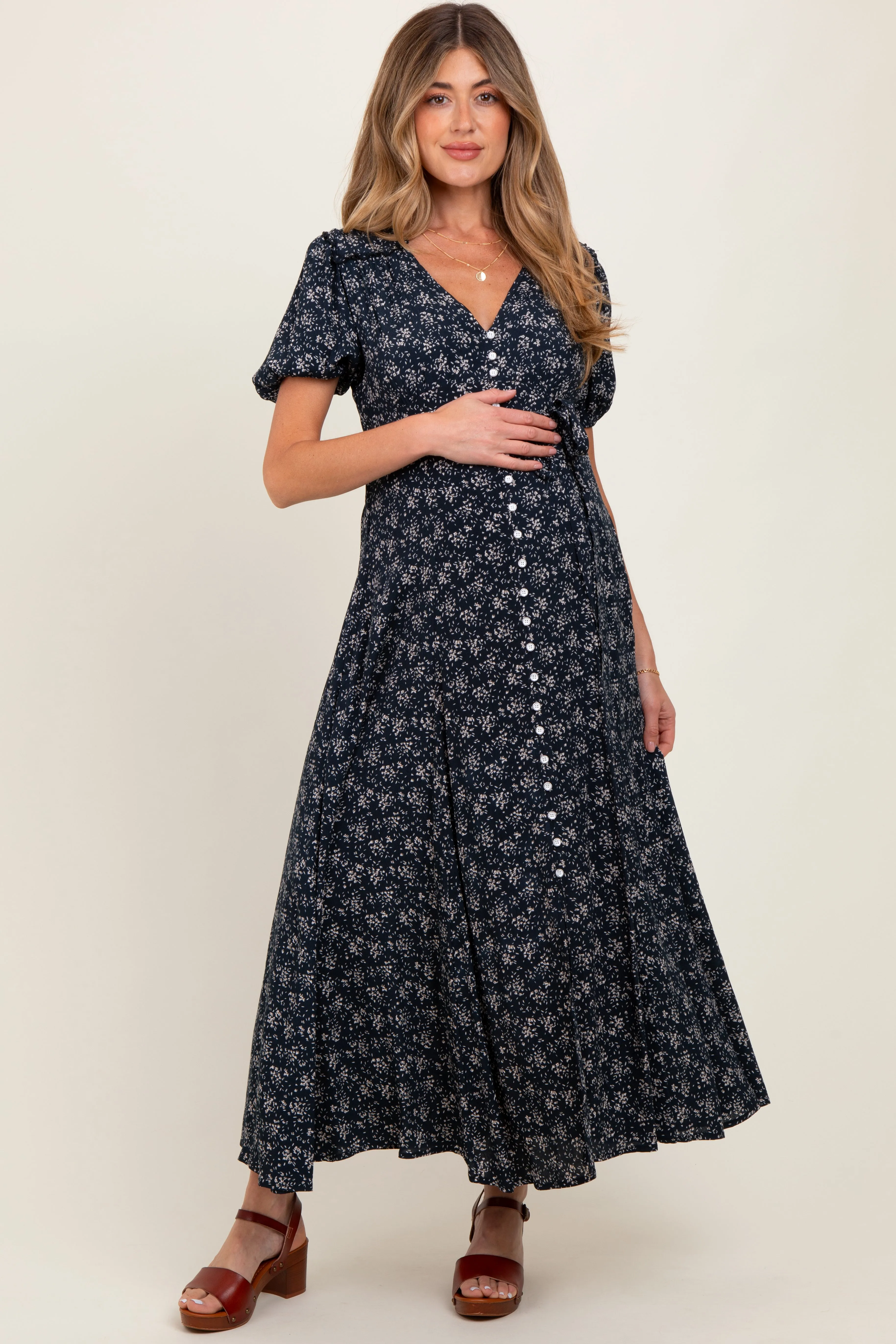 Navy Floral Button Down Maternity Dress sold by Pinkblush