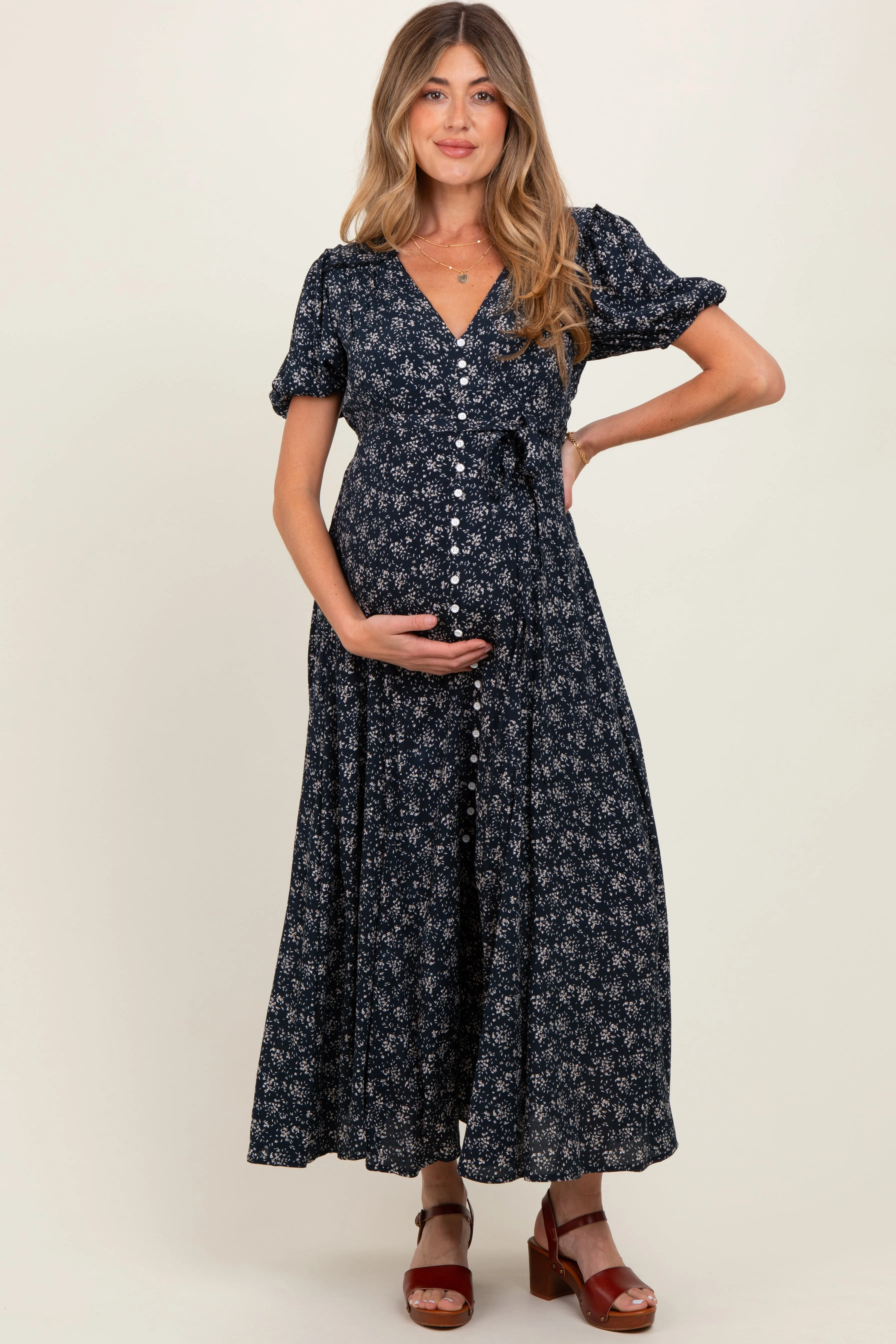Navy Floral Button Down Maternity Dress sold by Pinkblush product image thumbnail 2