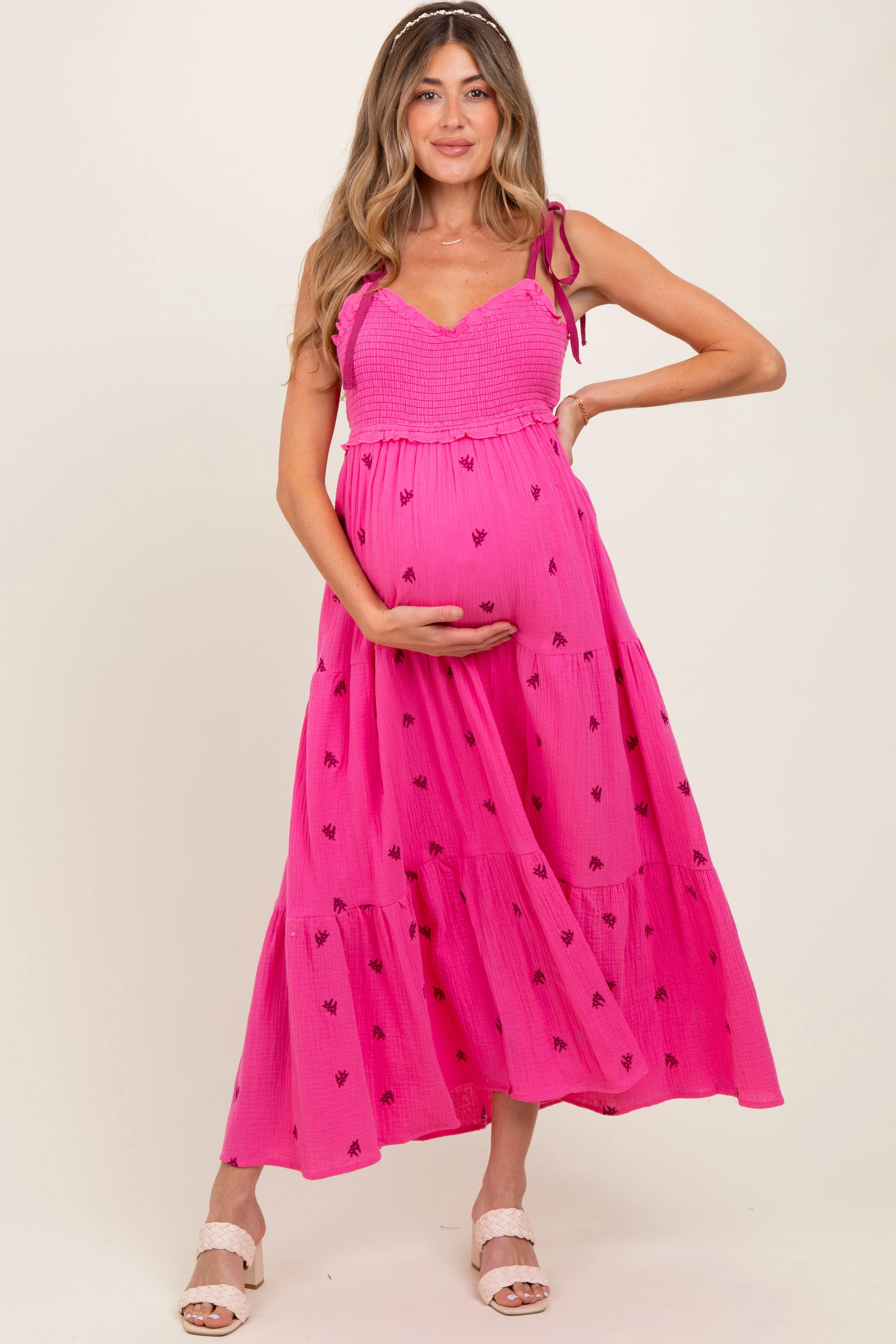 Pink Embroidered Smocked Shoulder Tie Maternity Maxi Dress sold by Pinkblush