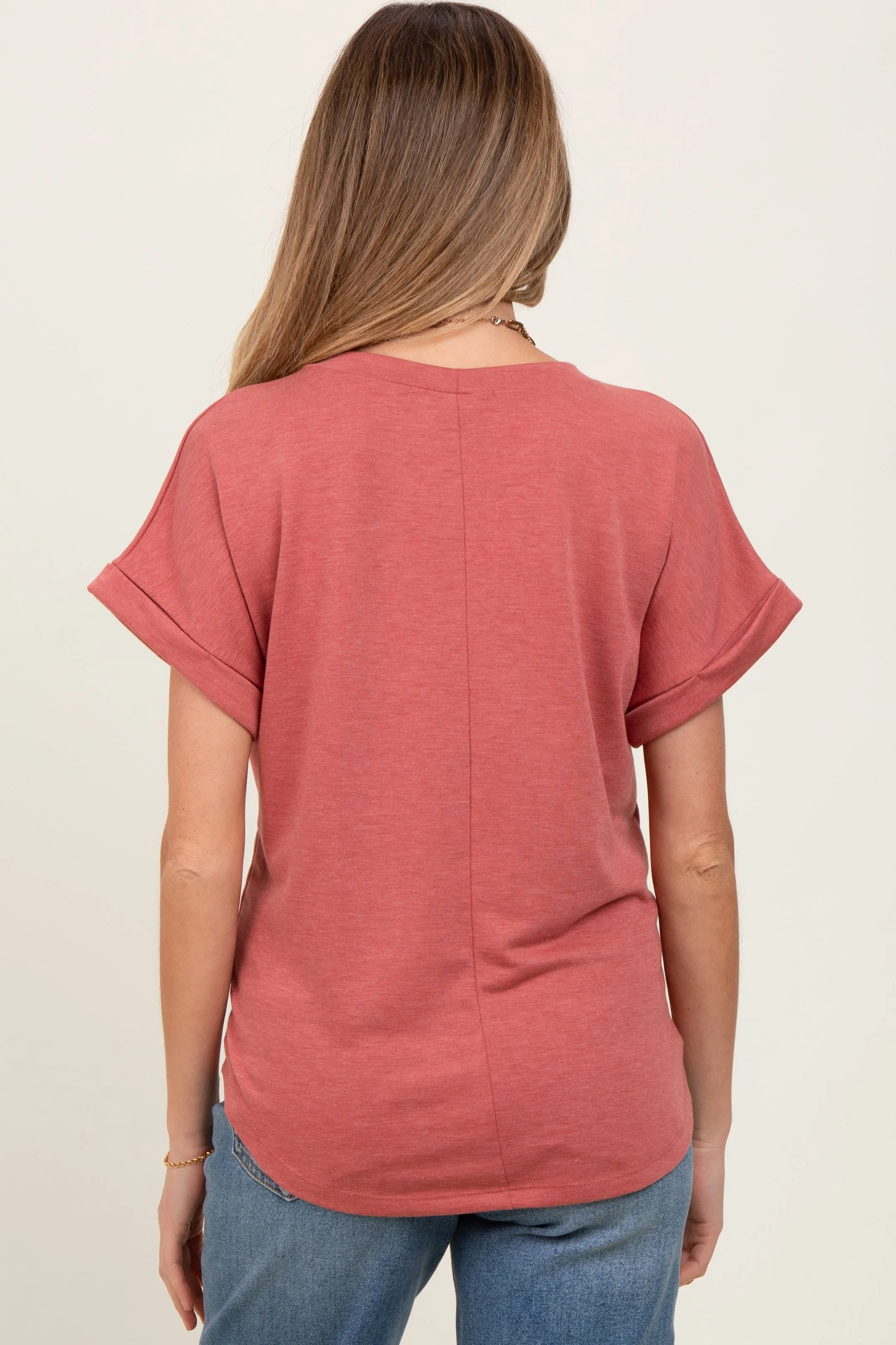 Light Coral Rolled Cuff Short Sleeve Maternity Top sold by Pinkblush product image thumbnail 4