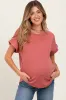 Light Coral Rolled Cuff Short Sleeve Maternity Top sold by Pinkblush