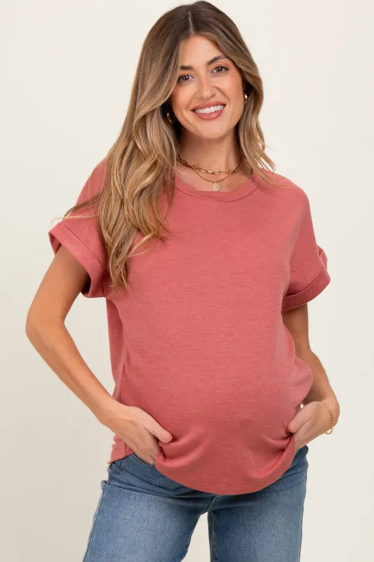 Light Coral Rolled Cuff Short Sleeve Maternity Top sold by Pinkblush
