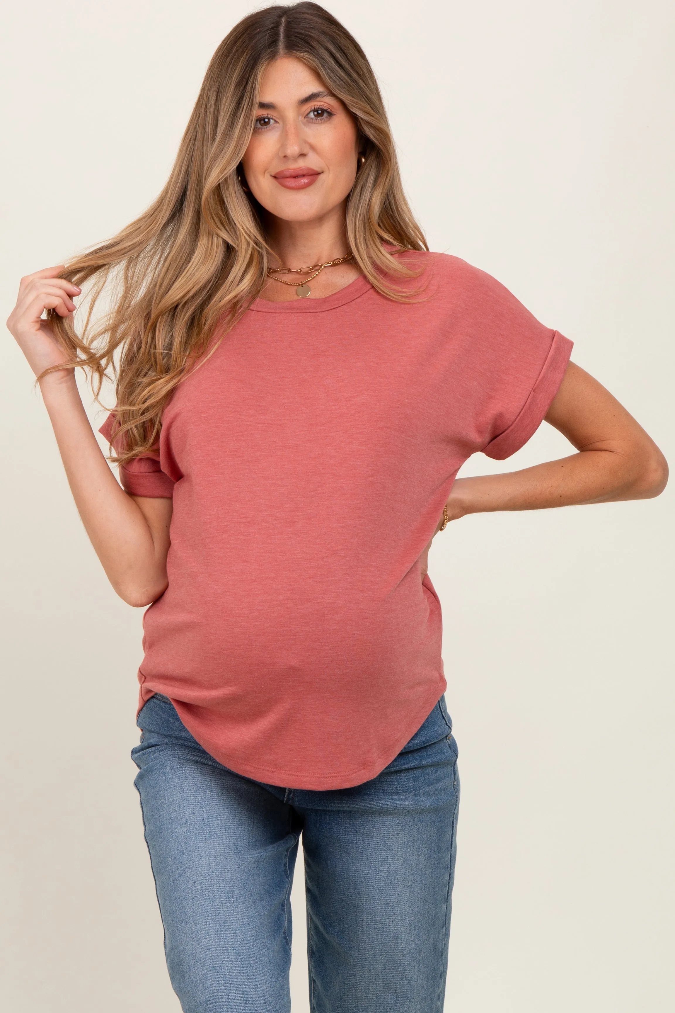 Light Coral Rolled Cuff Short Sleeve Maternity Top sold by Pinkblush product image thumbnail 2