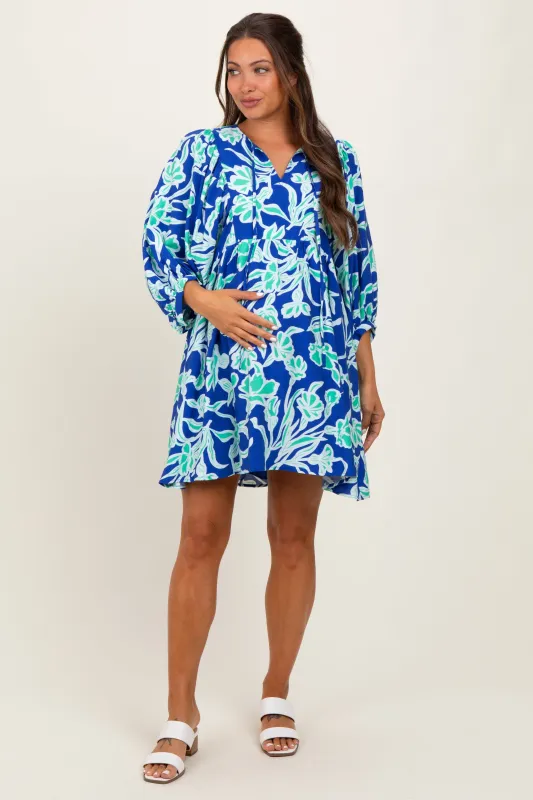 Royal Blue Print 3/4 Balloon Sleeve Maternity Dress sold by Pinkblush