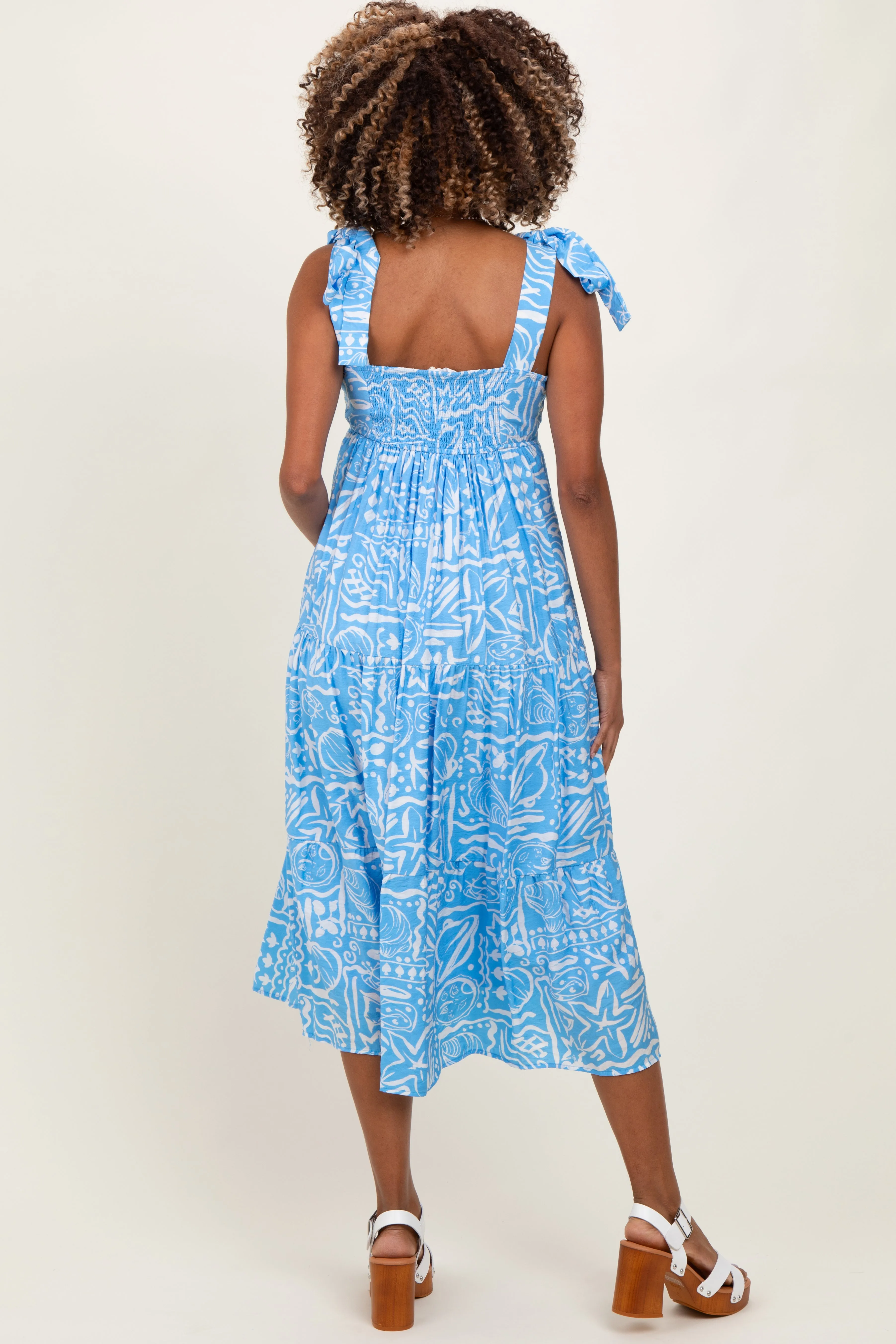 Light Blue Printed Tie Strap Tiered Maternity Midi Dress sold by Pinkblush product image thumbnail 2