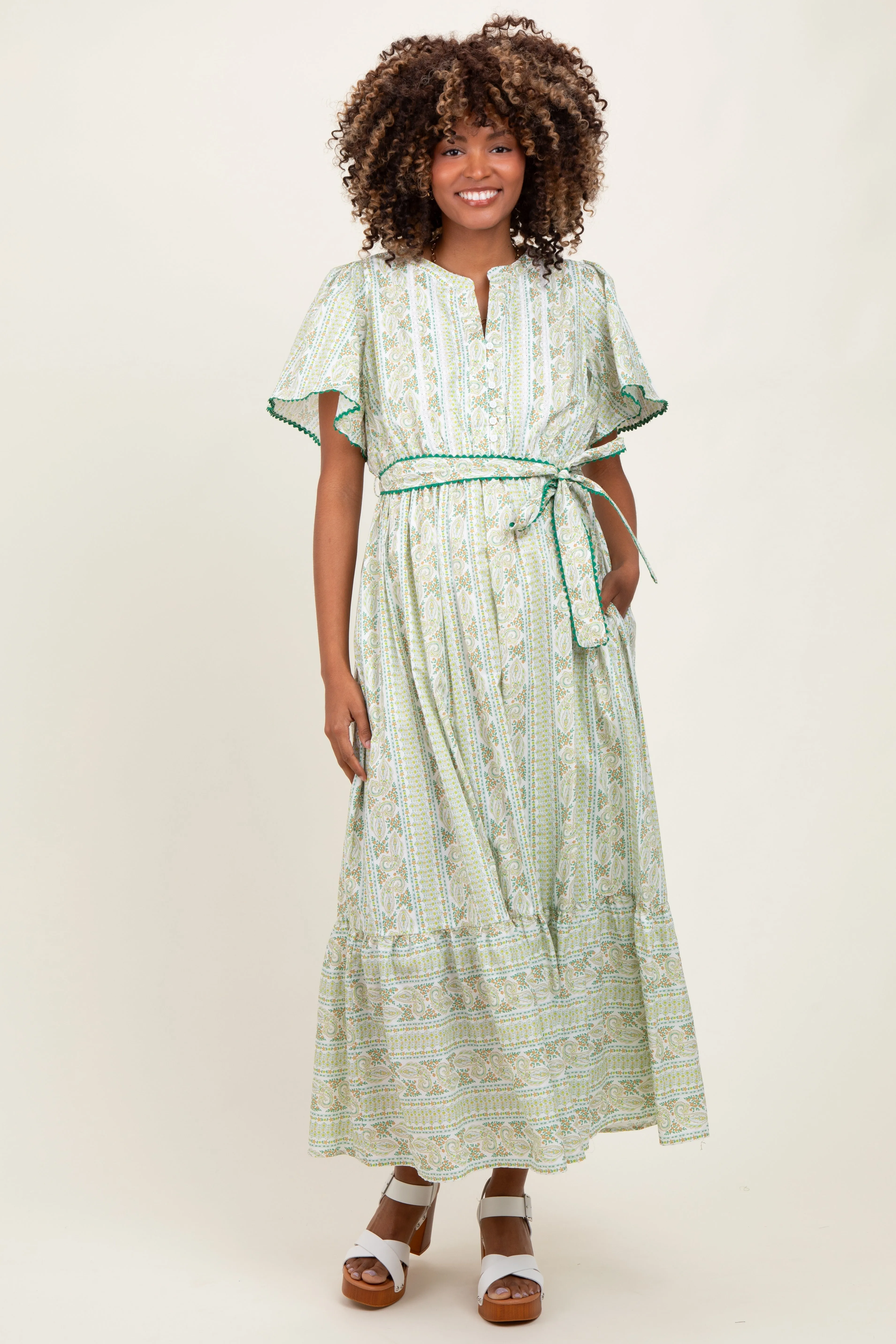 Green Floral Flutter Sleeve Waist Tie Maternity Maxi Dress sold by Pinkblush