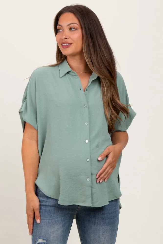 Sage Solid Collared Button-Up Maternity Top sold by Pinkblush