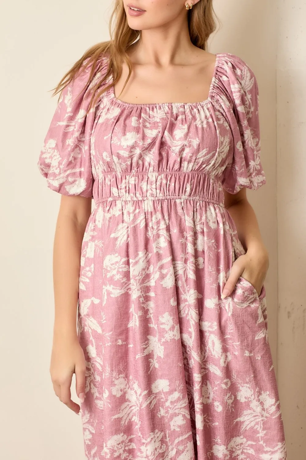 Pink Floral Puff Sleeve Smocked Waist Midi Dress sold by Pinkblush product image thumbnail 4