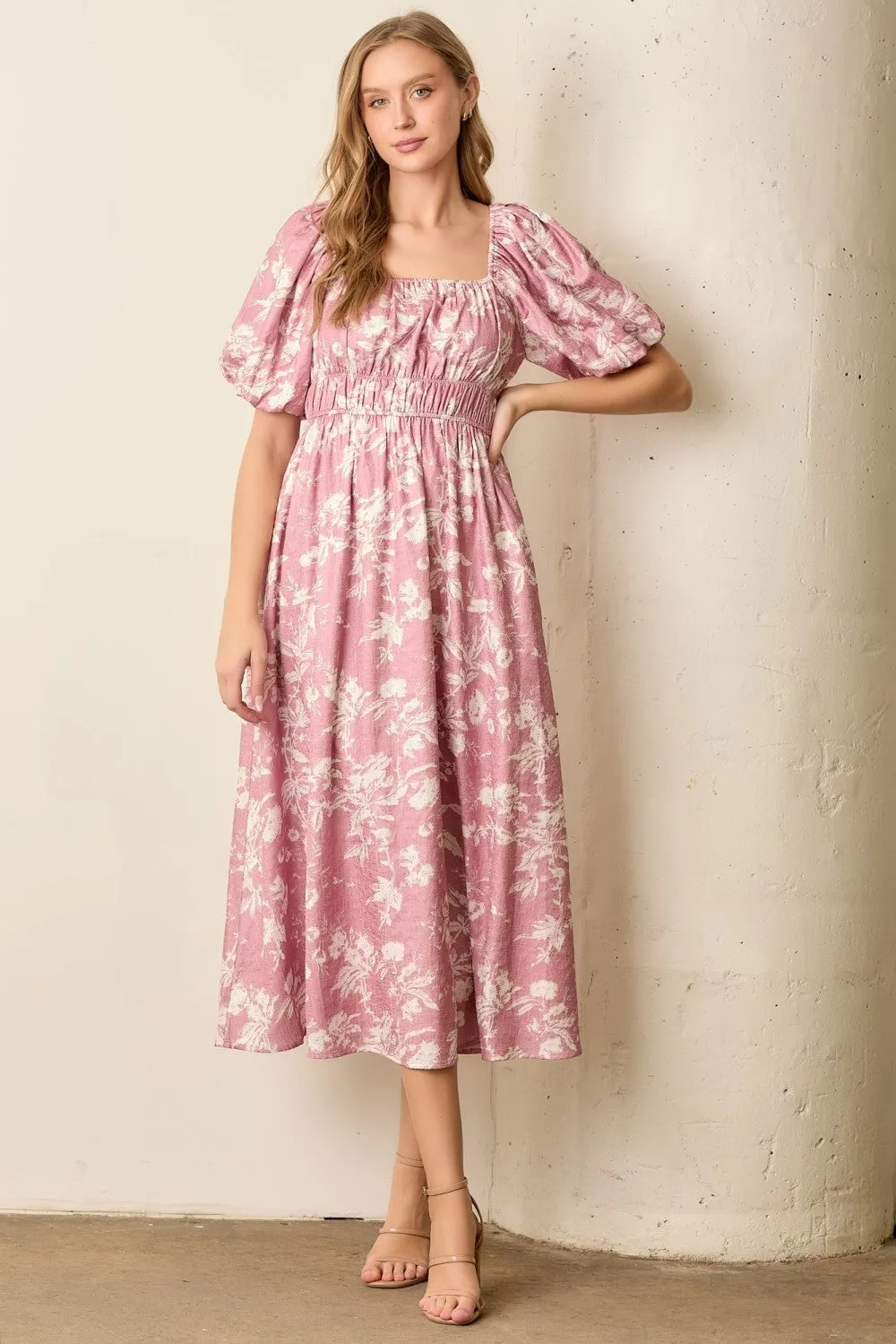Pink Floral Puff Sleeve Smocked Waist Midi Dress sold by Pinkblush