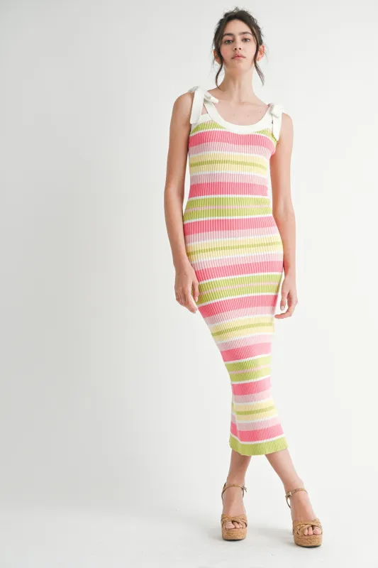 Pink Colorblock Stripe Shoulder Tie Midi Dress sold by Pinkblush