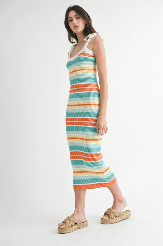 Light Teal Colorblock Stripe Shoulder Tie Midi Dress made by MABLE