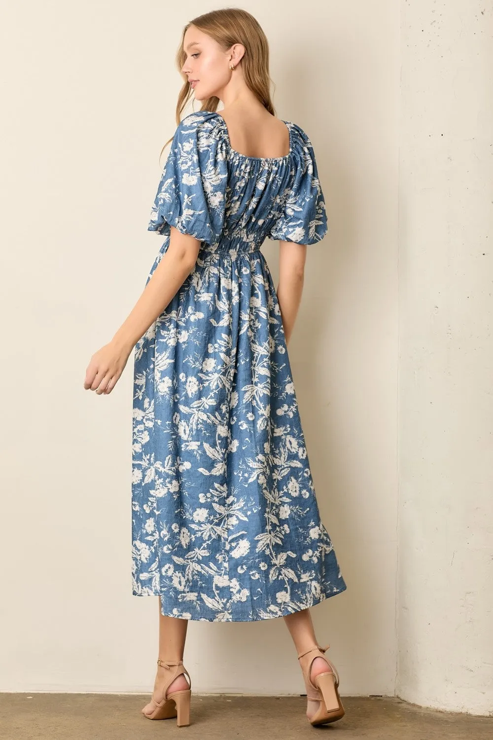 Light Navy Floral Puff Sleeve Smocked Waist Midi Dress sold by Pinkblush product image thumbnail 2