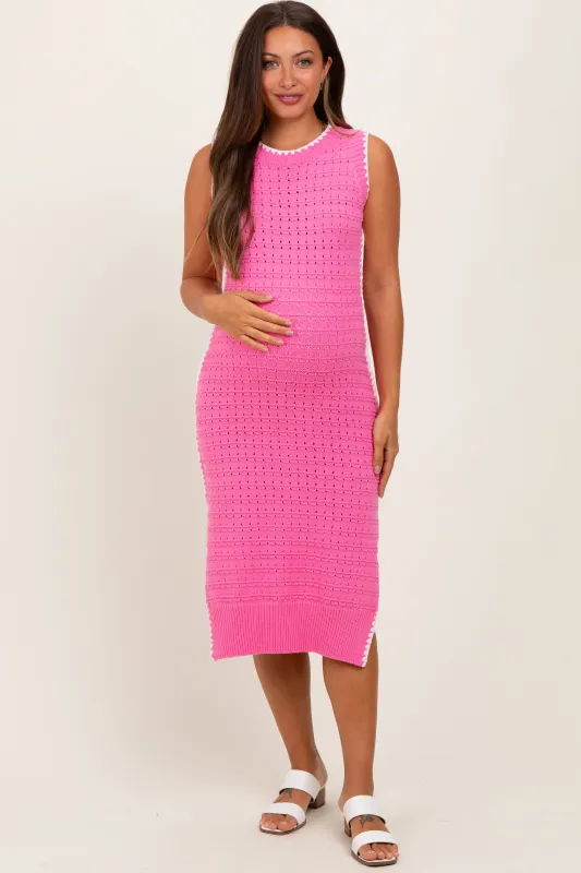 Pink Pointelle Contrast Trim Sweater Maternity Midi Dress sold by Pinkblush