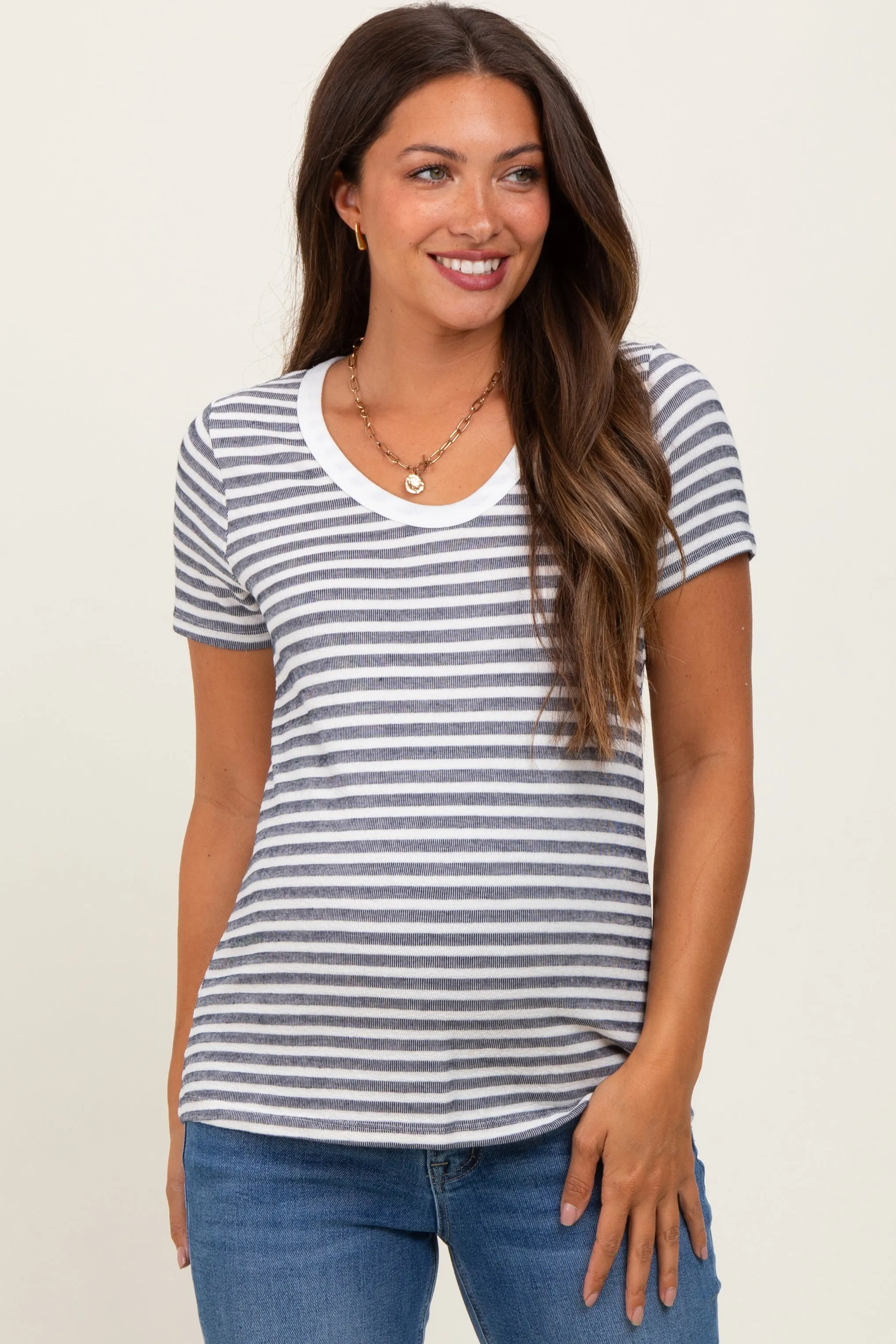 Navy Textured Stripe Short Sleeve Maternity Top sold by Pinkblush