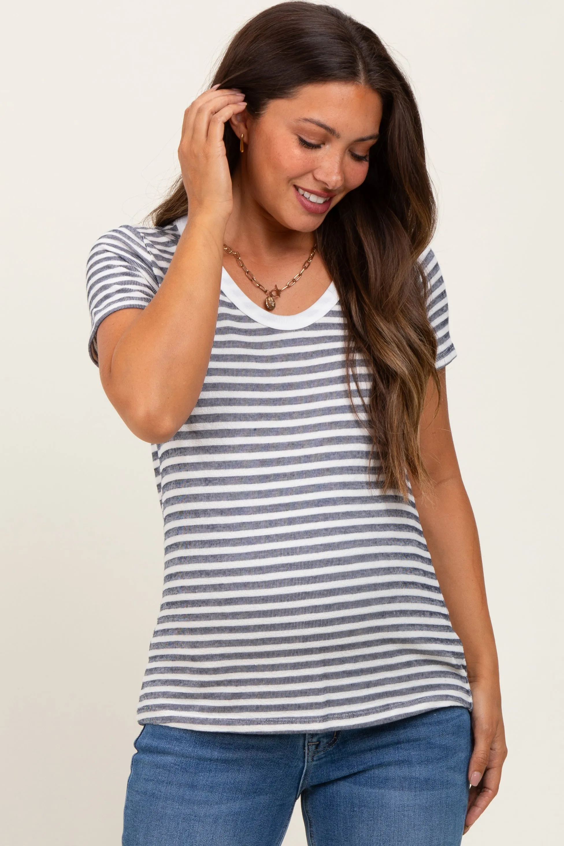Navy Textured Stripe Short Sleeve Maternity Top sold by Pinkblush product image thumbnail 2