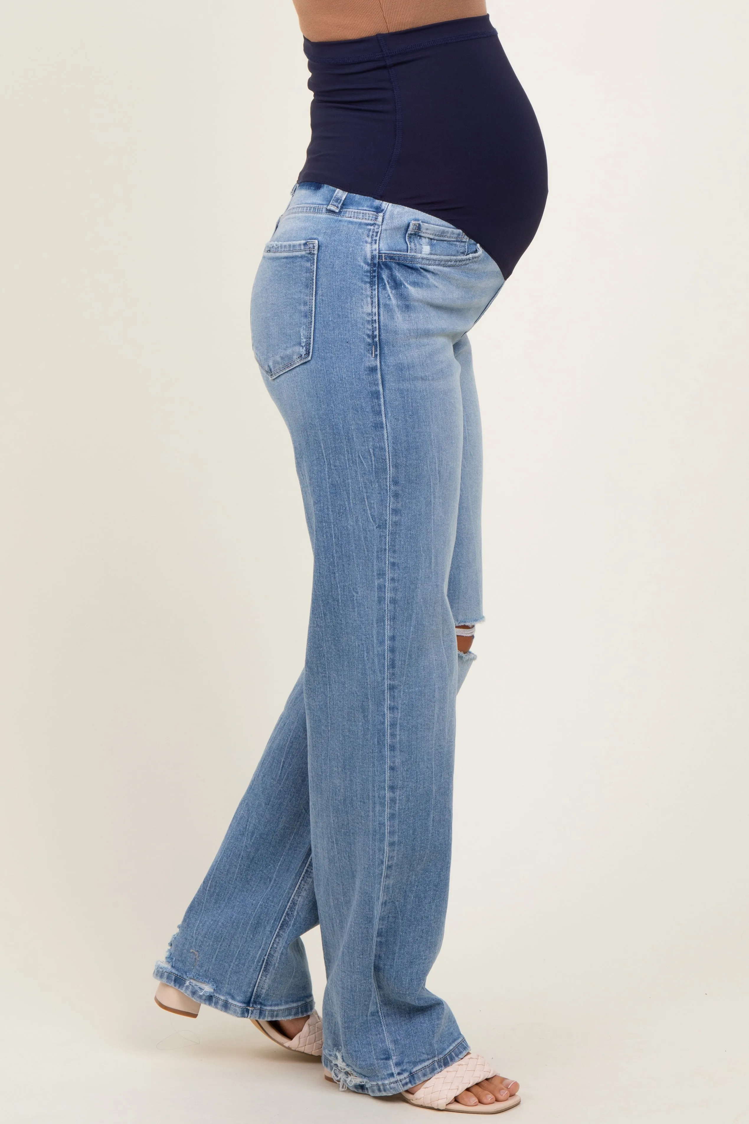 Light Blue Distressed Knee Slim Fit Wide Leg Maternity Jeans sold by Pinkblush product image thumbnail 4