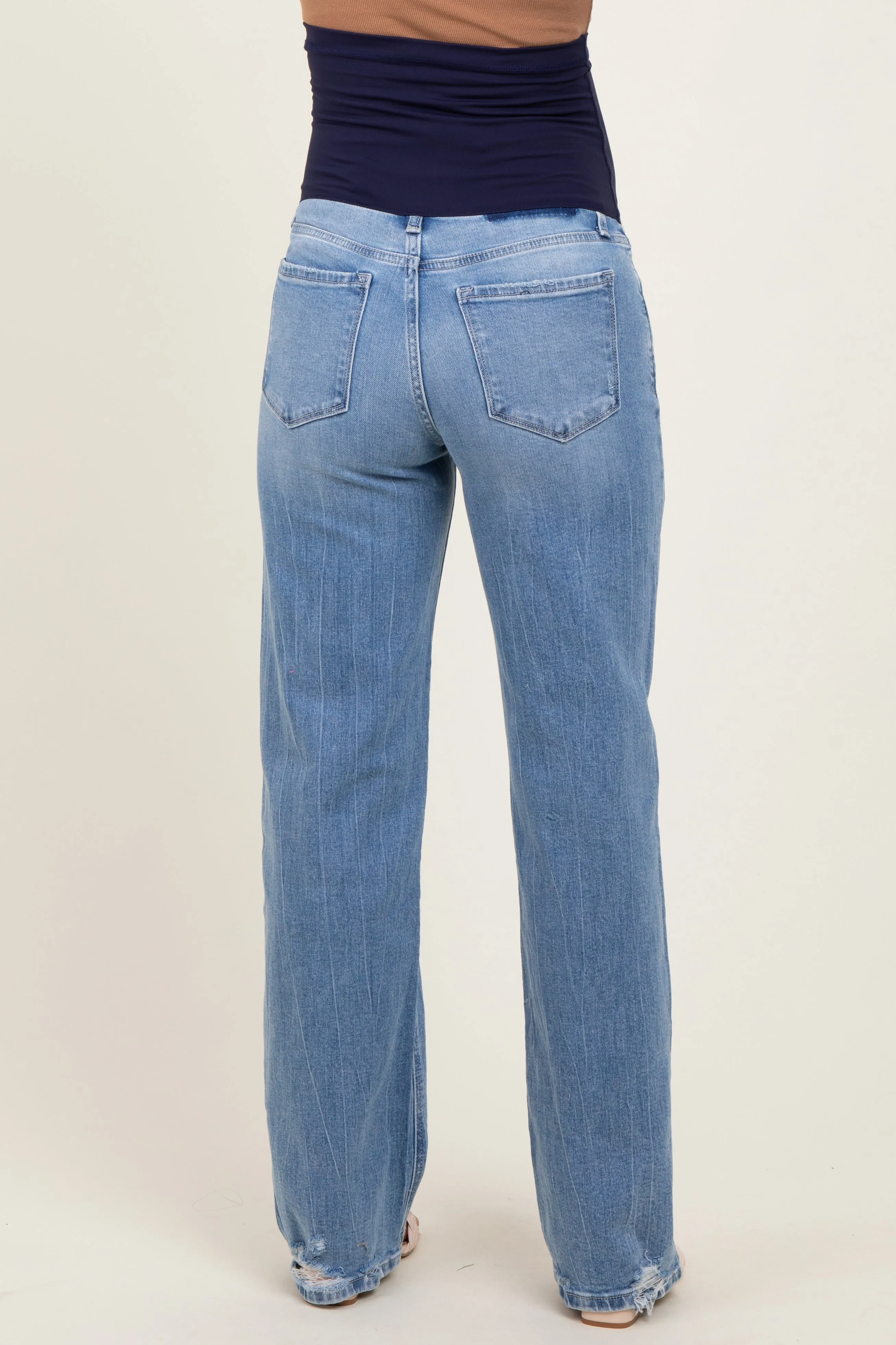 Light Blue Distressed Knee Slim Fit Wide Leg Maternity Jeans sold by Pinkblush product image thumbnail 5