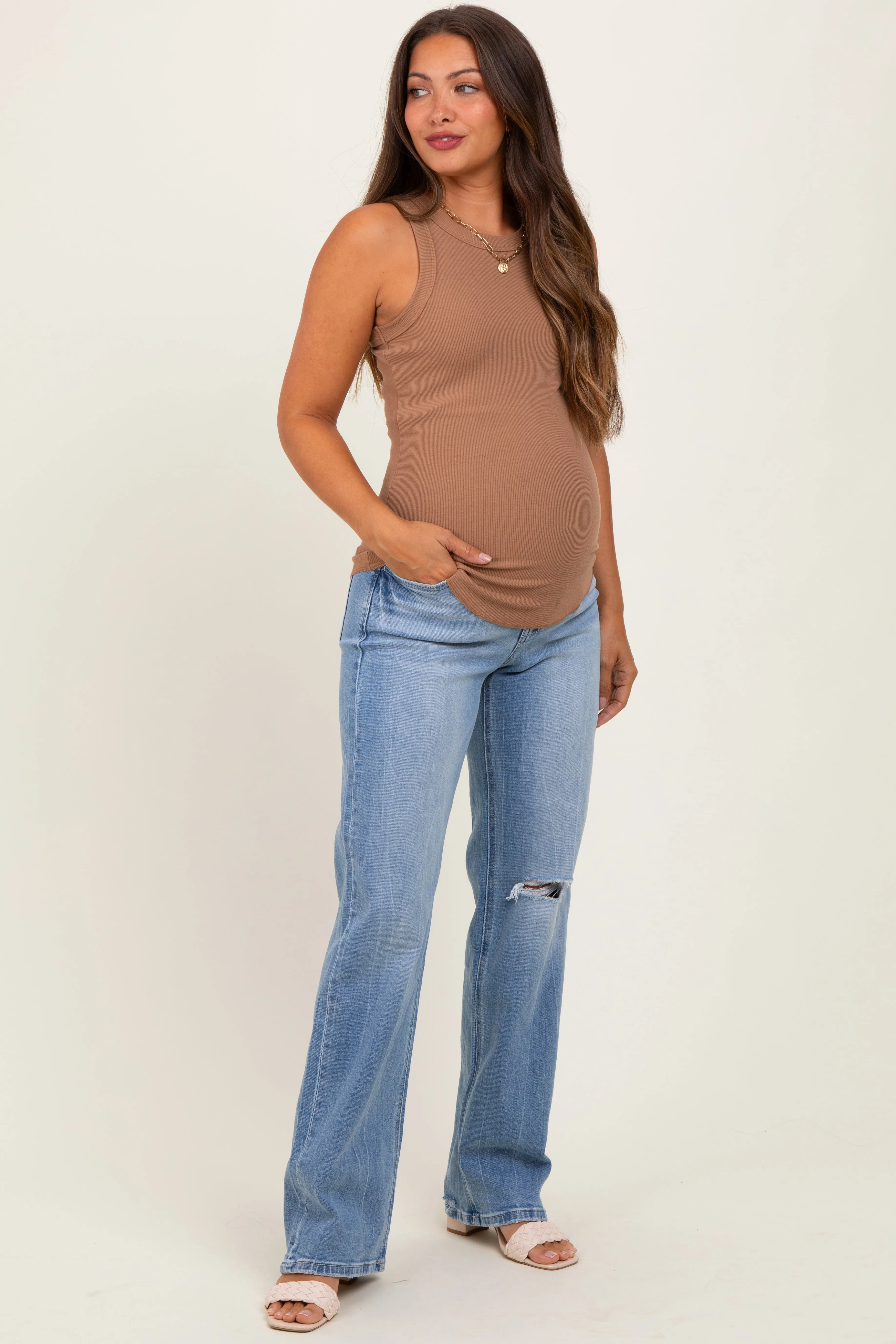 Light Blue Distressed Knee Slim Fit Wide Leg Maternity Jeans sold by Pinkblush product image thumbnail 2