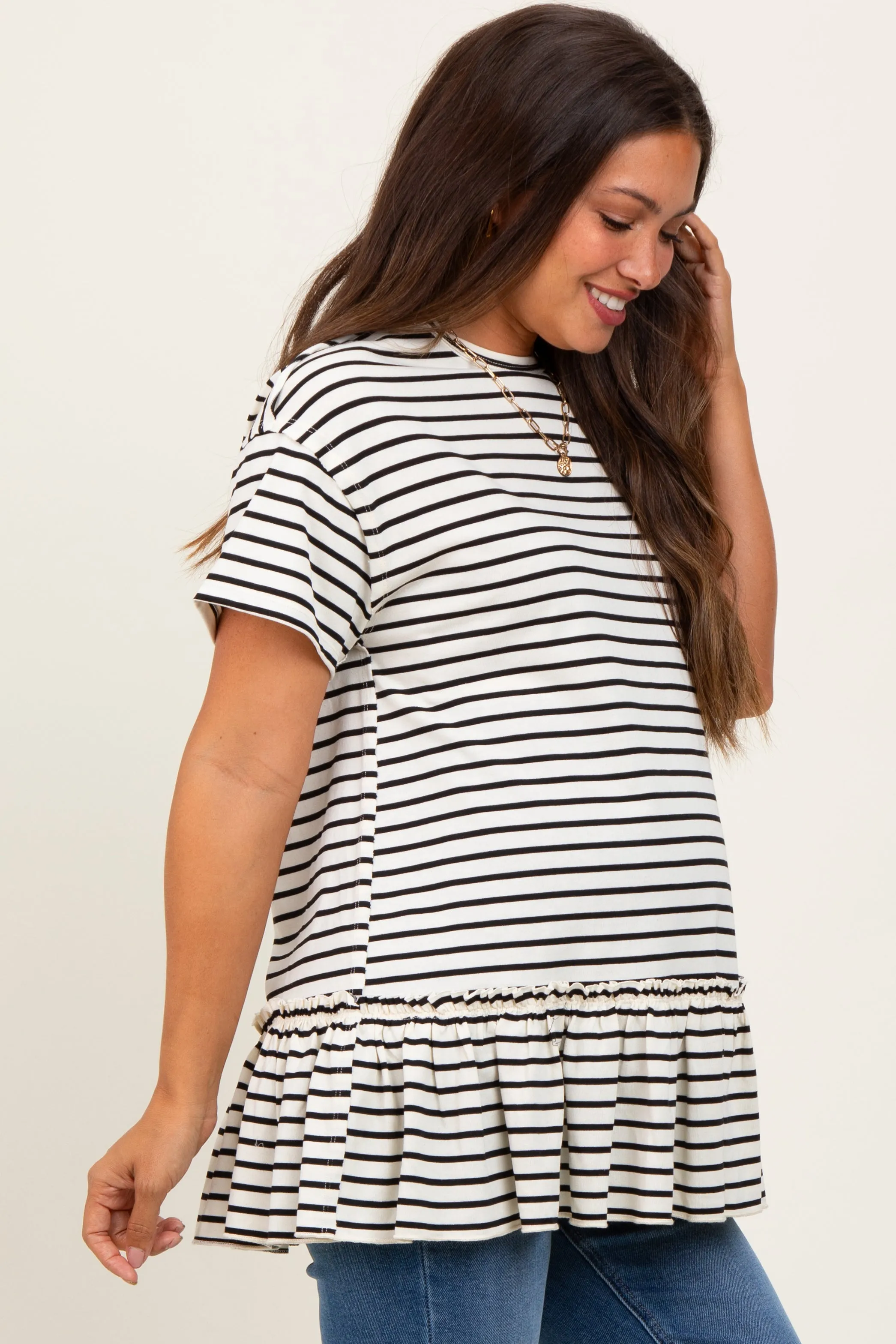Ivory Striped Ruffle Hem Maternity Short Sleeve Top sold by Pinkblush product image thumbnail 2