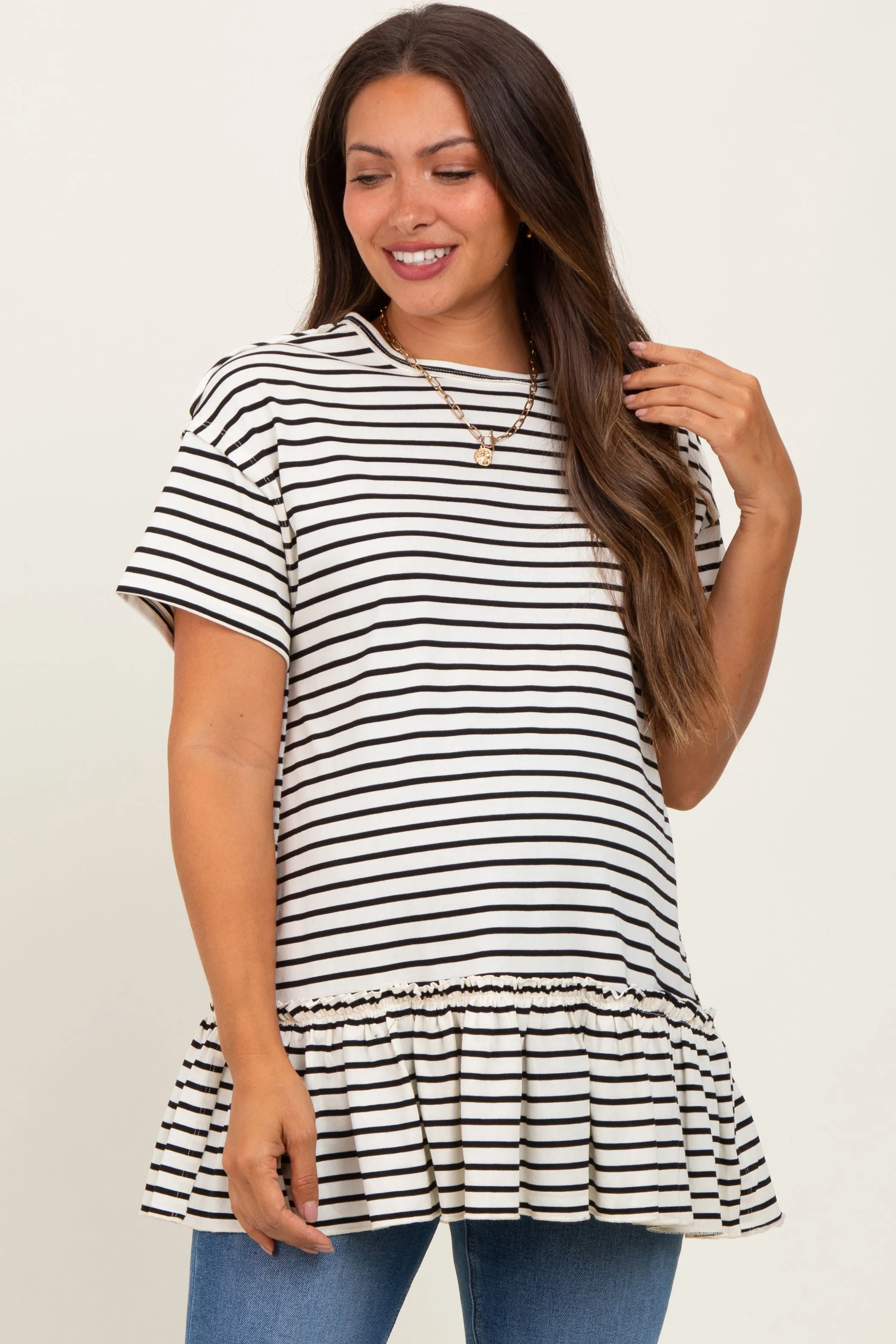 Ivory Striped Ruffle Hem Maternity Short Sleeve Top sold by Pinkblush