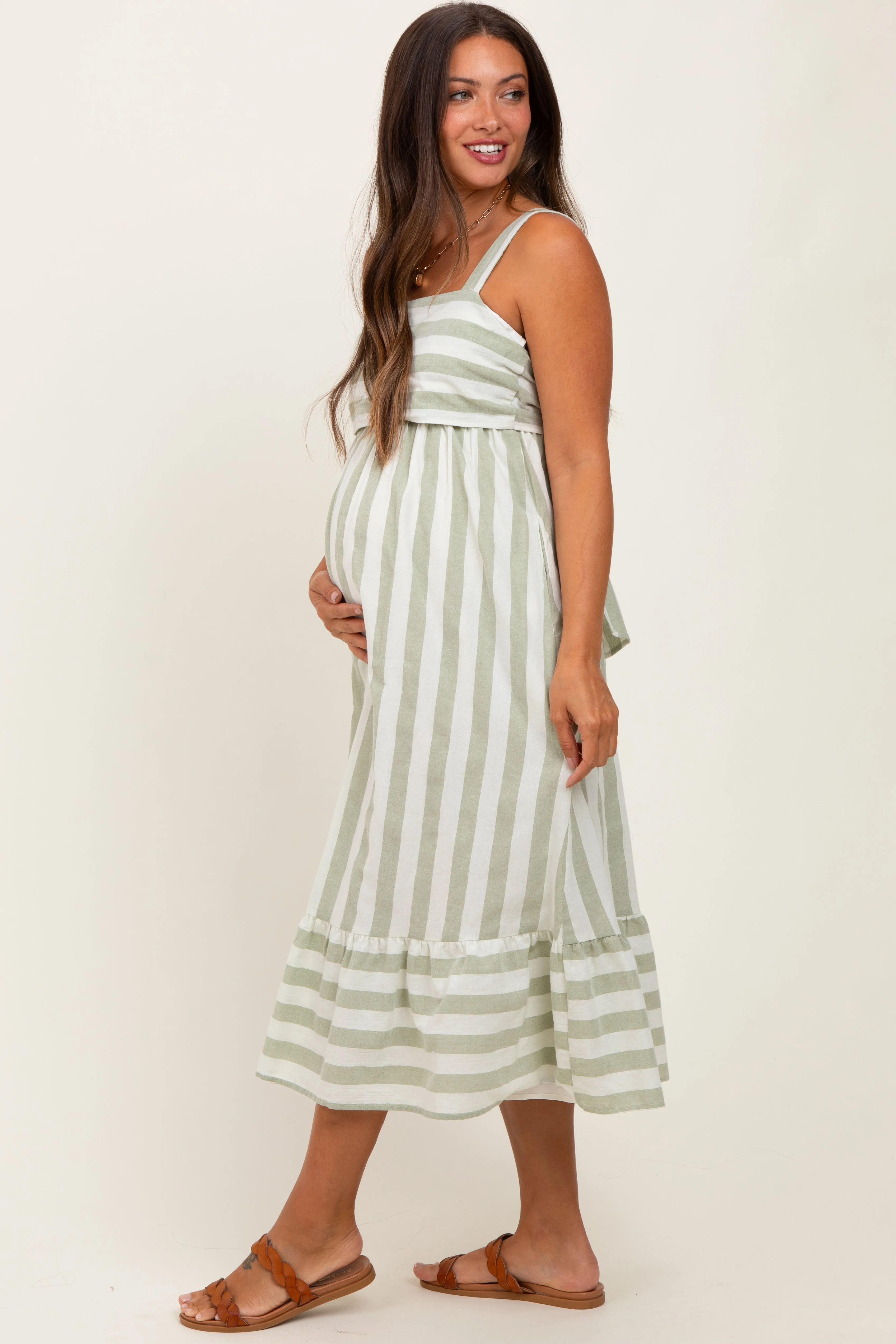 Sage Stripe Back Ribbon Tie Maternity Midi Dress sold by Pinkblush product image thumbnail 3