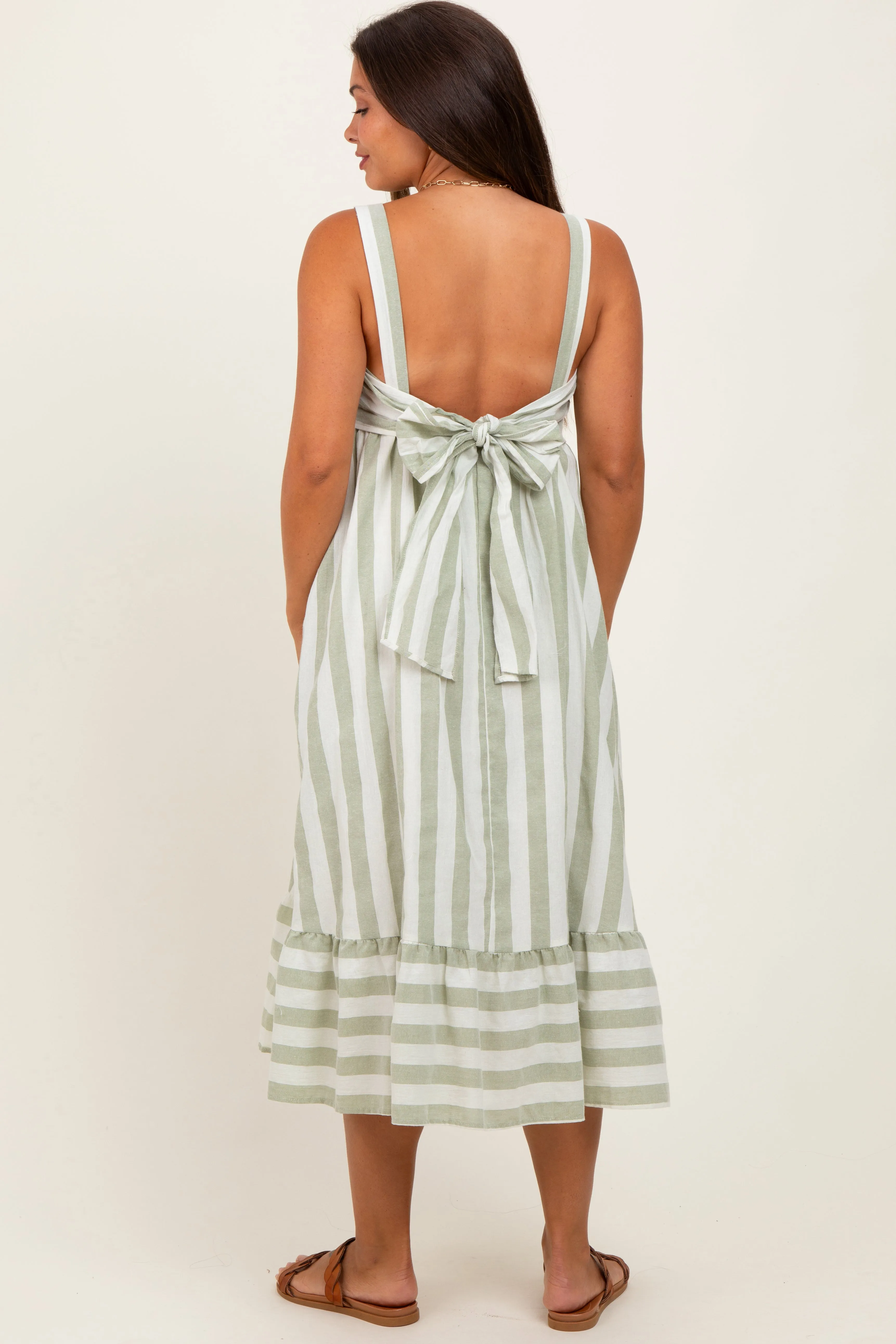 Sage Stripe Back Ribbon Tie Maternity Midi Dress sold by Pinkblush product image thumbnail 4