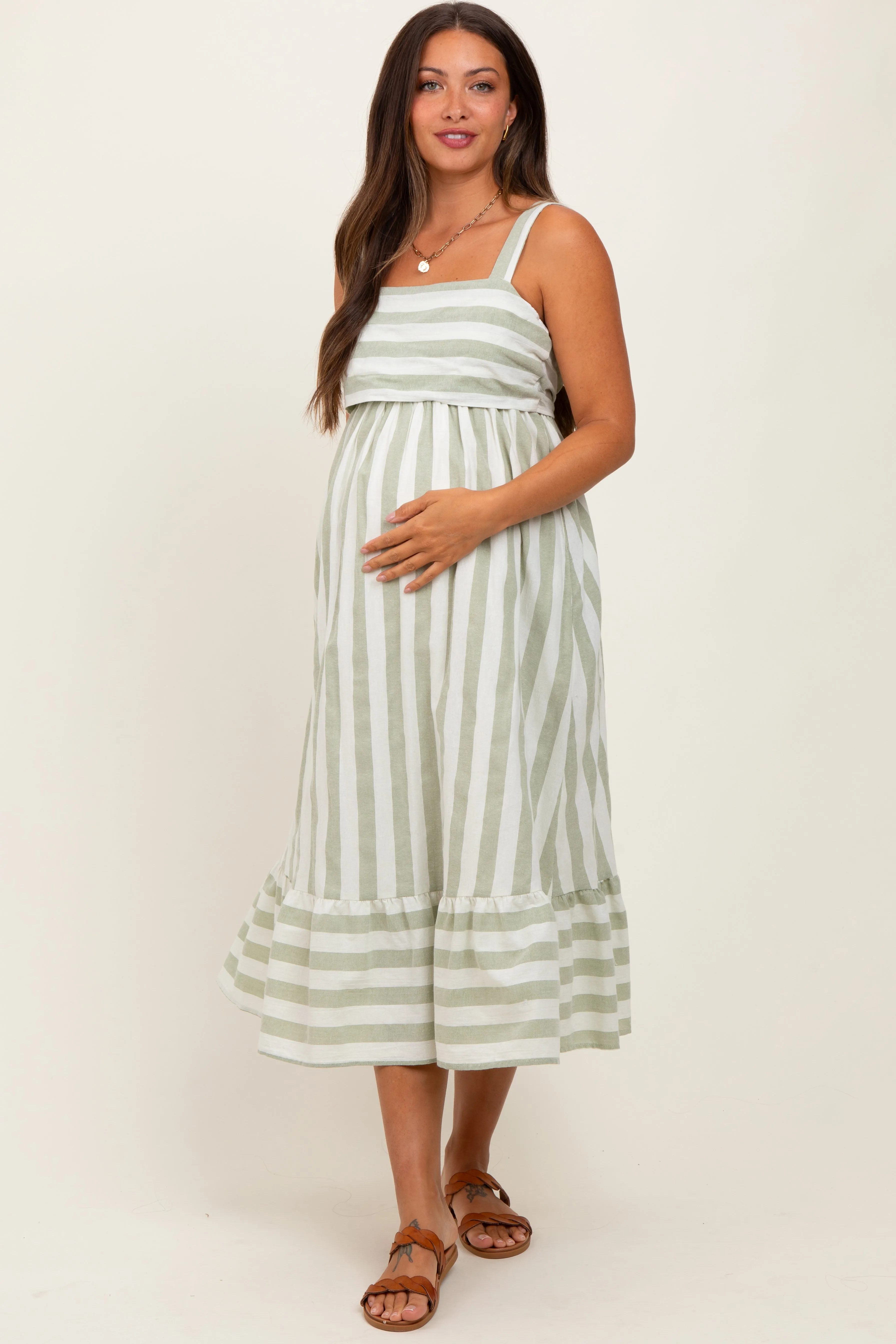 Sage Stripe Back Ribbon Tie Maternity Midi Dress sold by Pinkblush product image thumbnail 2