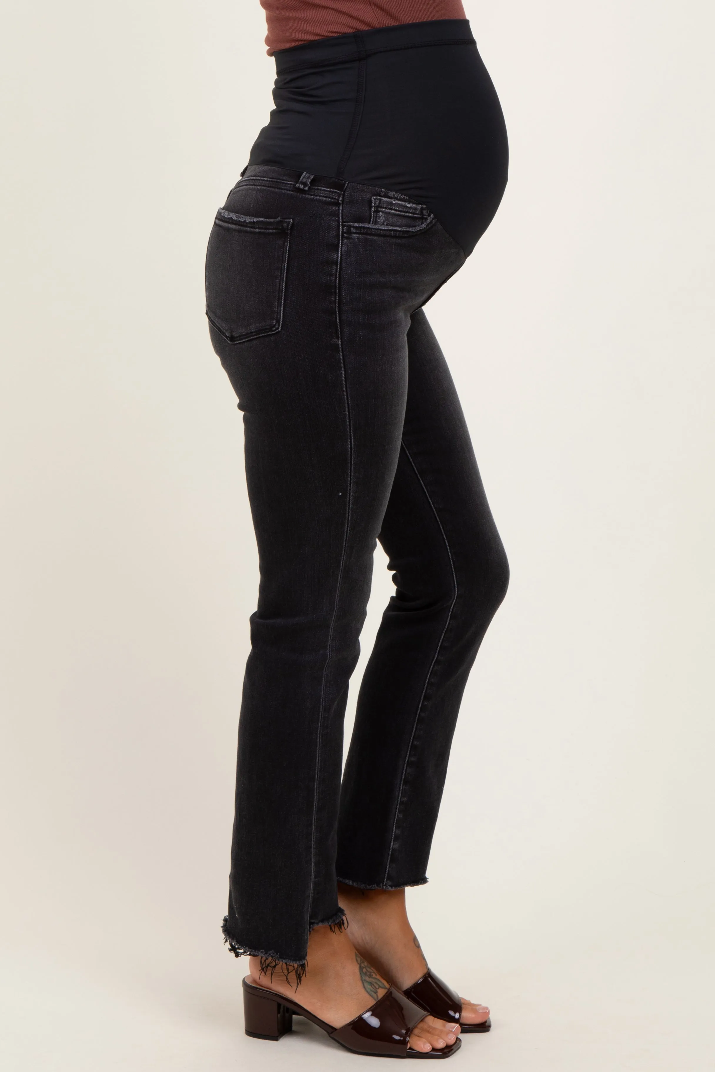 Black Washed Raw Hem Crop Flare Maternity Jeans sold by Pinkblush product image thumbnail 4