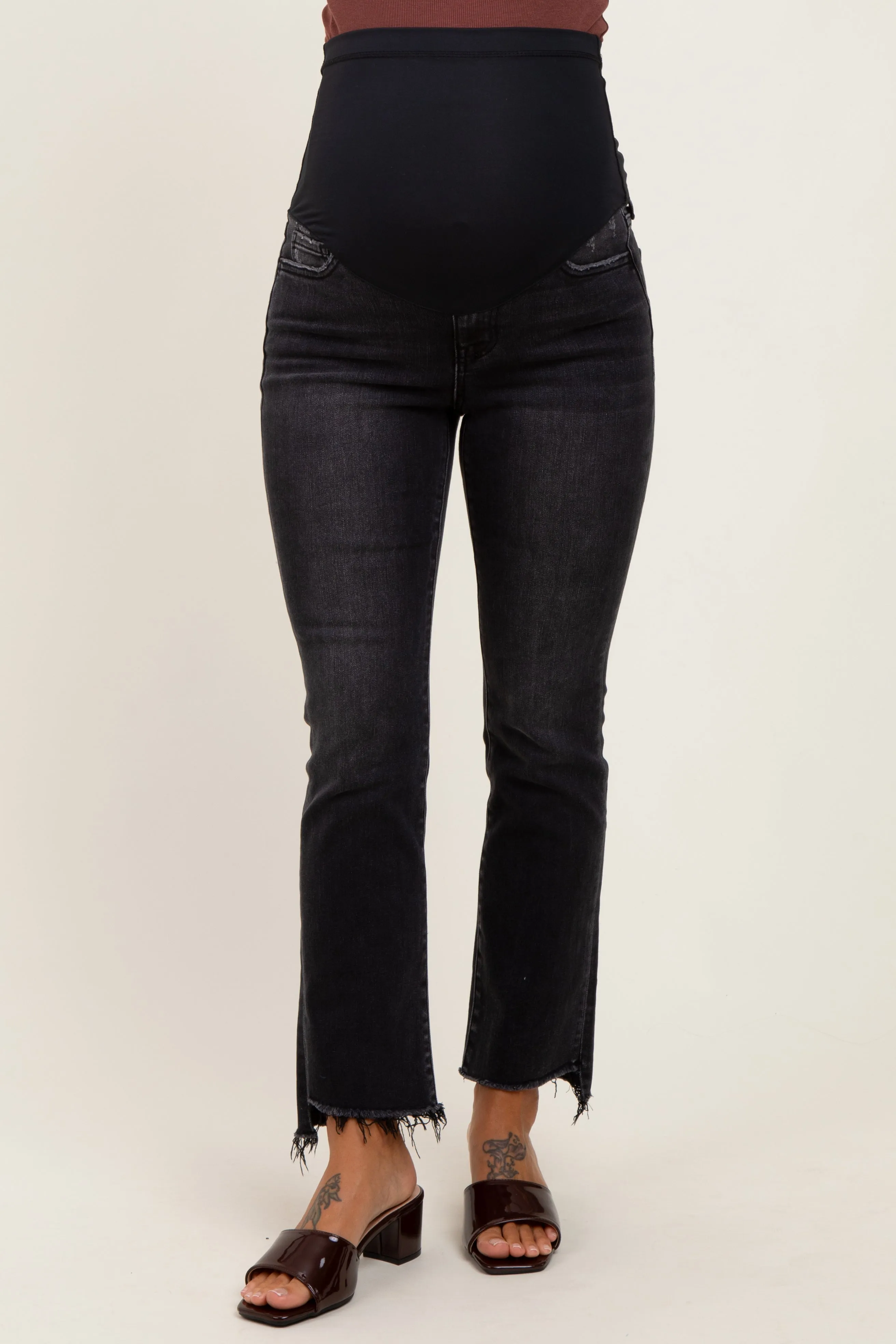Black Washed Raw Hem Crop Flare Maternity Jeans sold by Pinkblush product image thumbnail 3