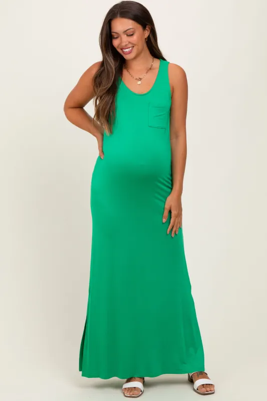 Green Basic Pocket Sleeveless Maternity Maxi Dress sold by Pinkblush