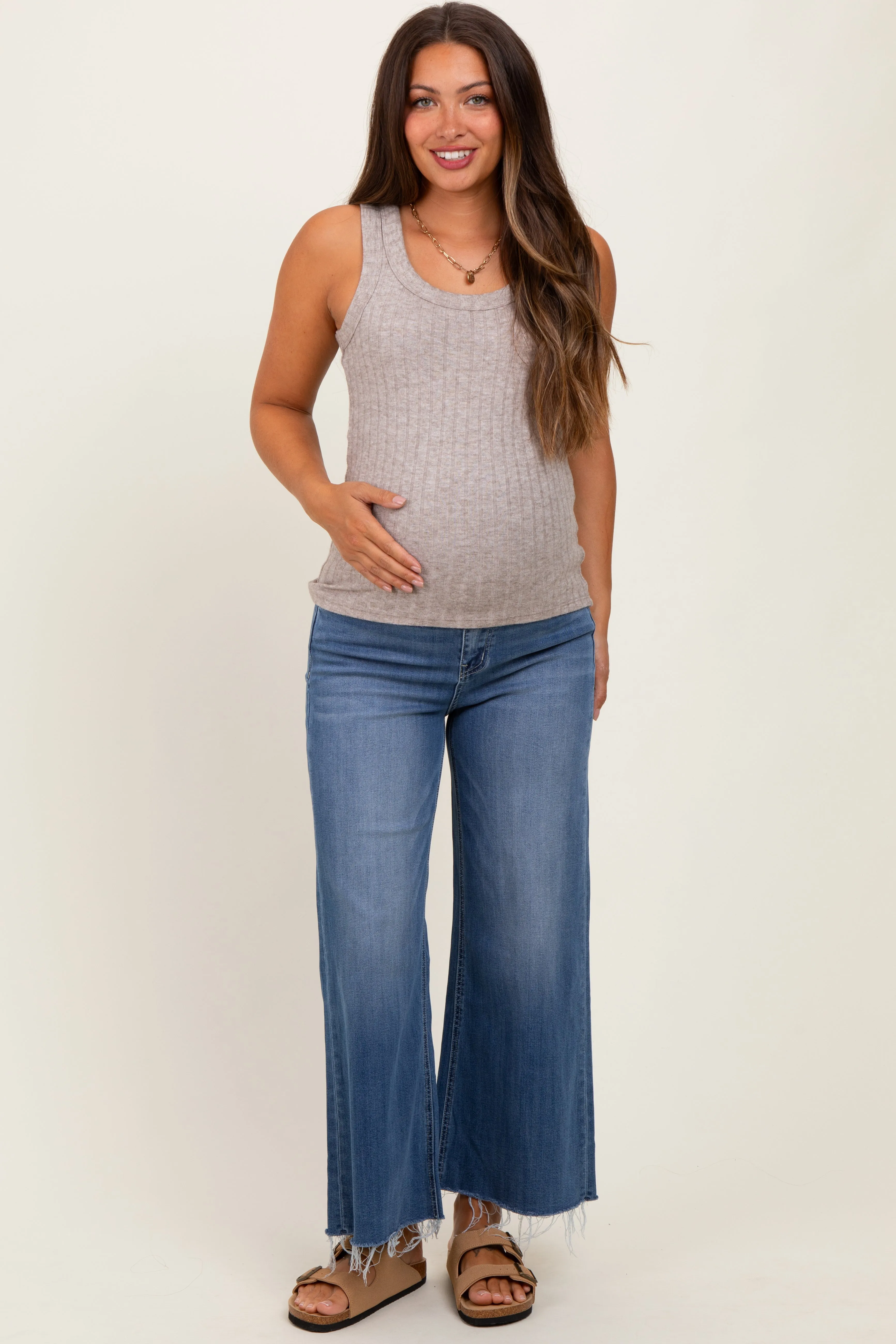 Blue Raw Hem Cropped Wide Leg Maternity Jeans sold by Pinkblush