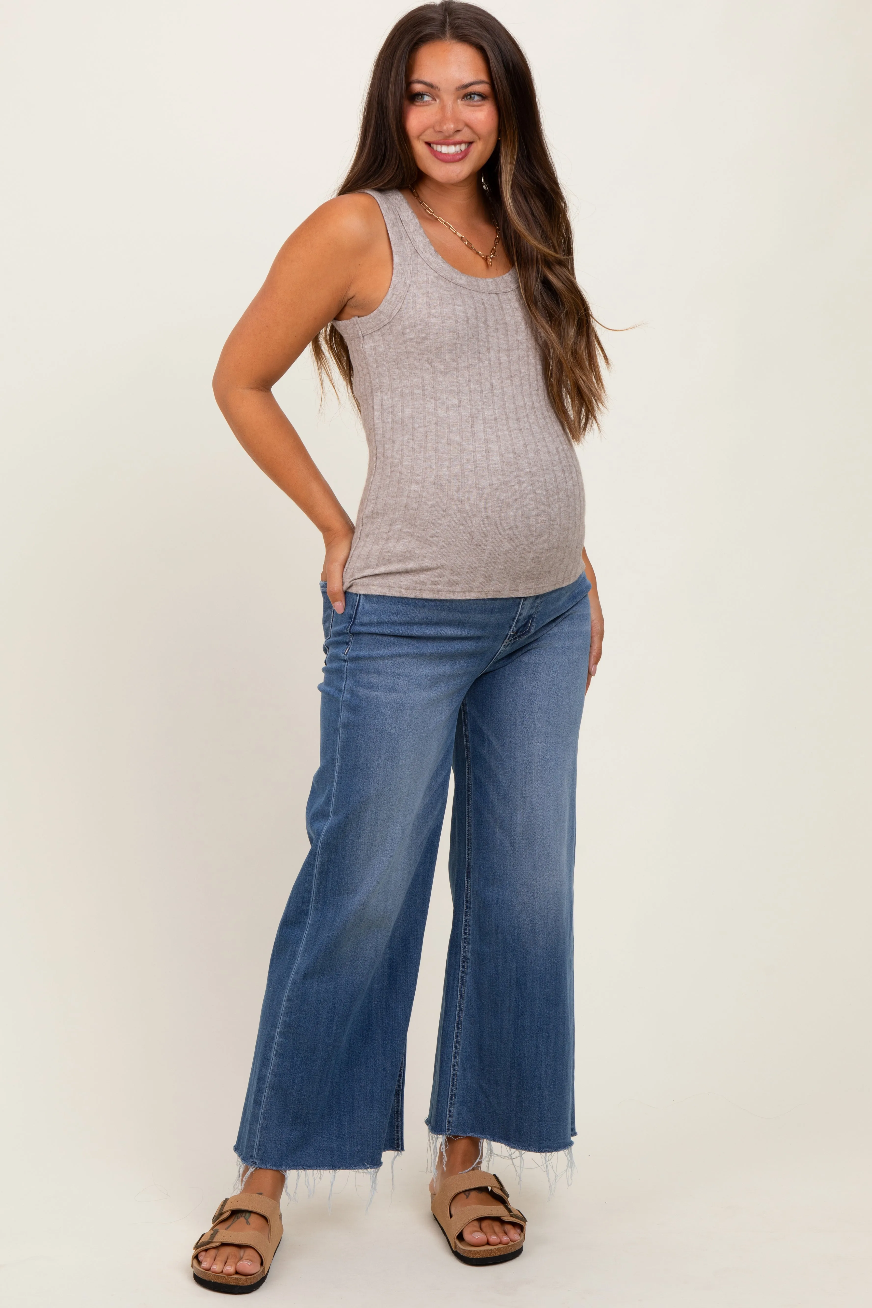 Blue Raw Hem Cropped Wide Leg Maternity Jeans sold by Pinkblush product image thumbnail 2