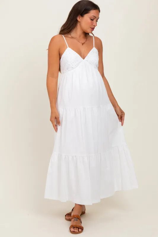 White Crochet Flare Smocked Maternity Maxi Dress sold by Pinkblush