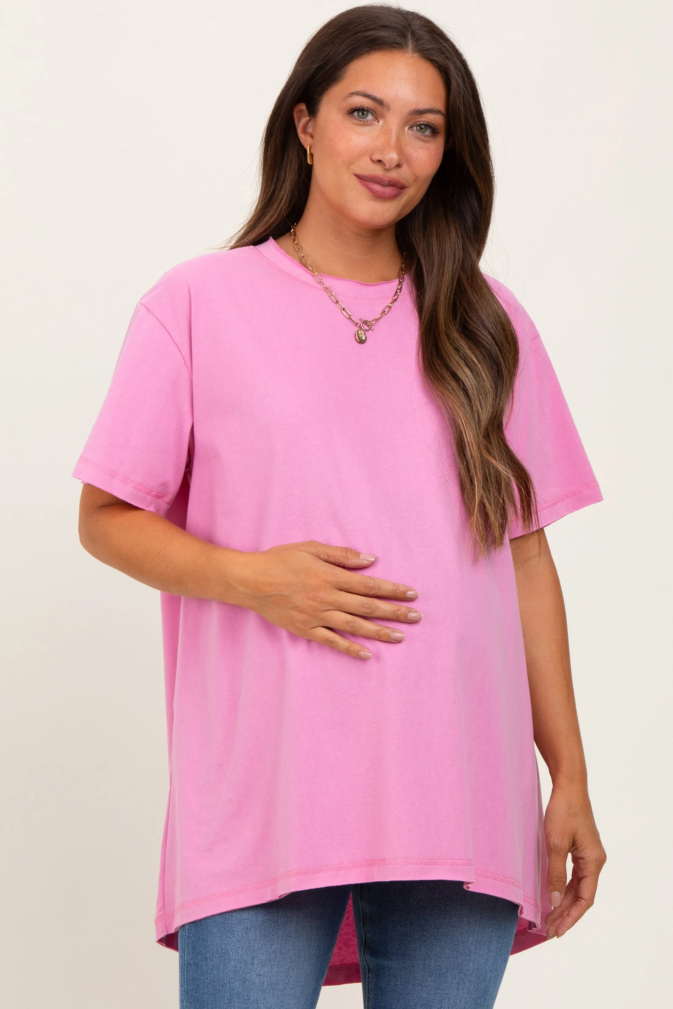 Pink Oversized Cut Hem Maternity Short Sleeve T-Shirt sold by Pinkblush