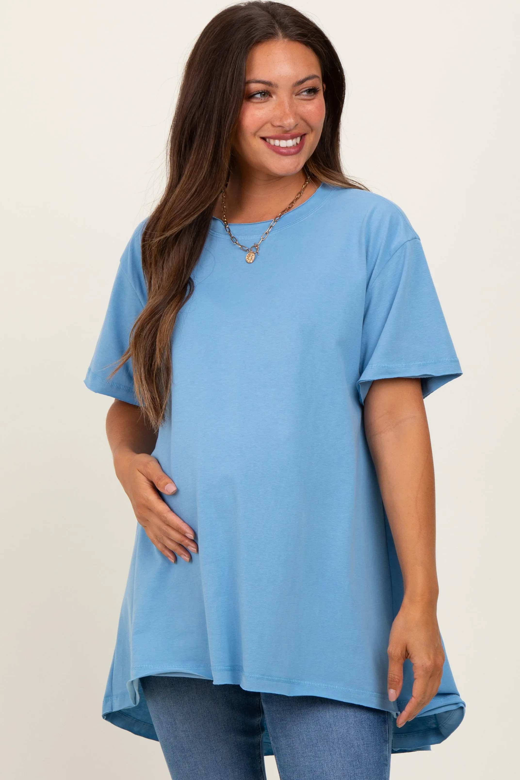 Blue Oversized Cut Hem Maternity Short Sleeve T-Shirt sold by Pinkblush
