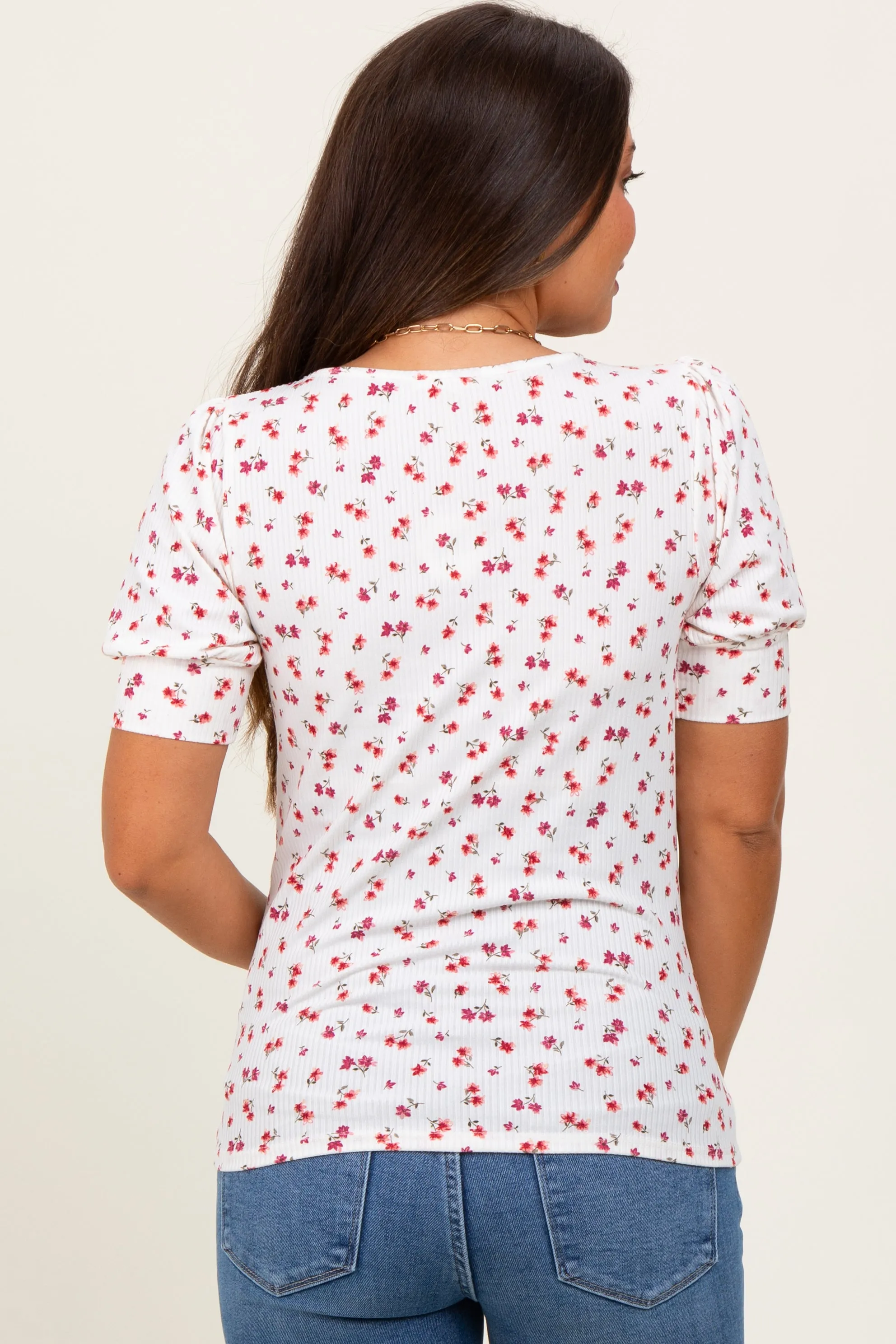 White Floral Ribbed Puff Sleeve Maternity Top sold by Pinkblush product image thumbnail 4