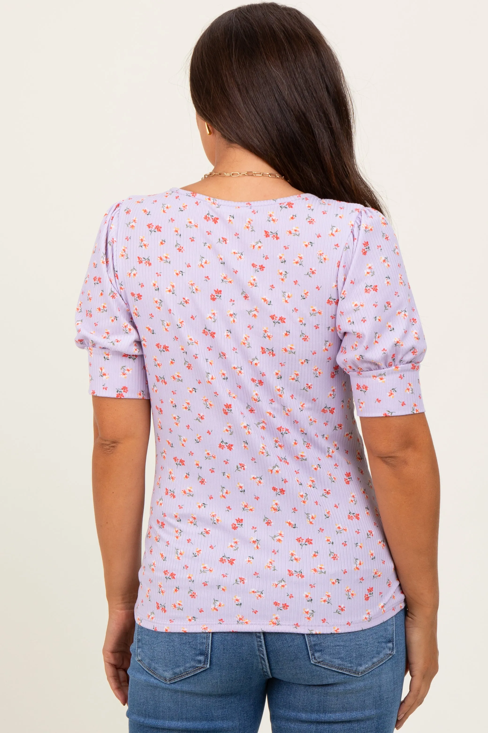 Lavender Floral Ribbed Puff Sleeve Maternity Top sold by Pinkblush product image thumbnail 4