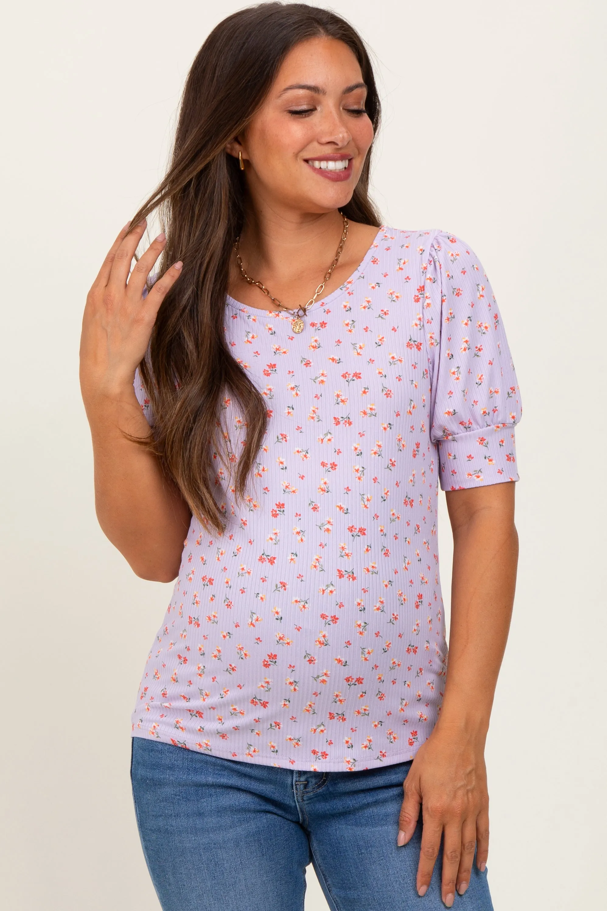 Lavender Floral Ribbed Puff Sleeve Maternity Top sold by Pinkblush