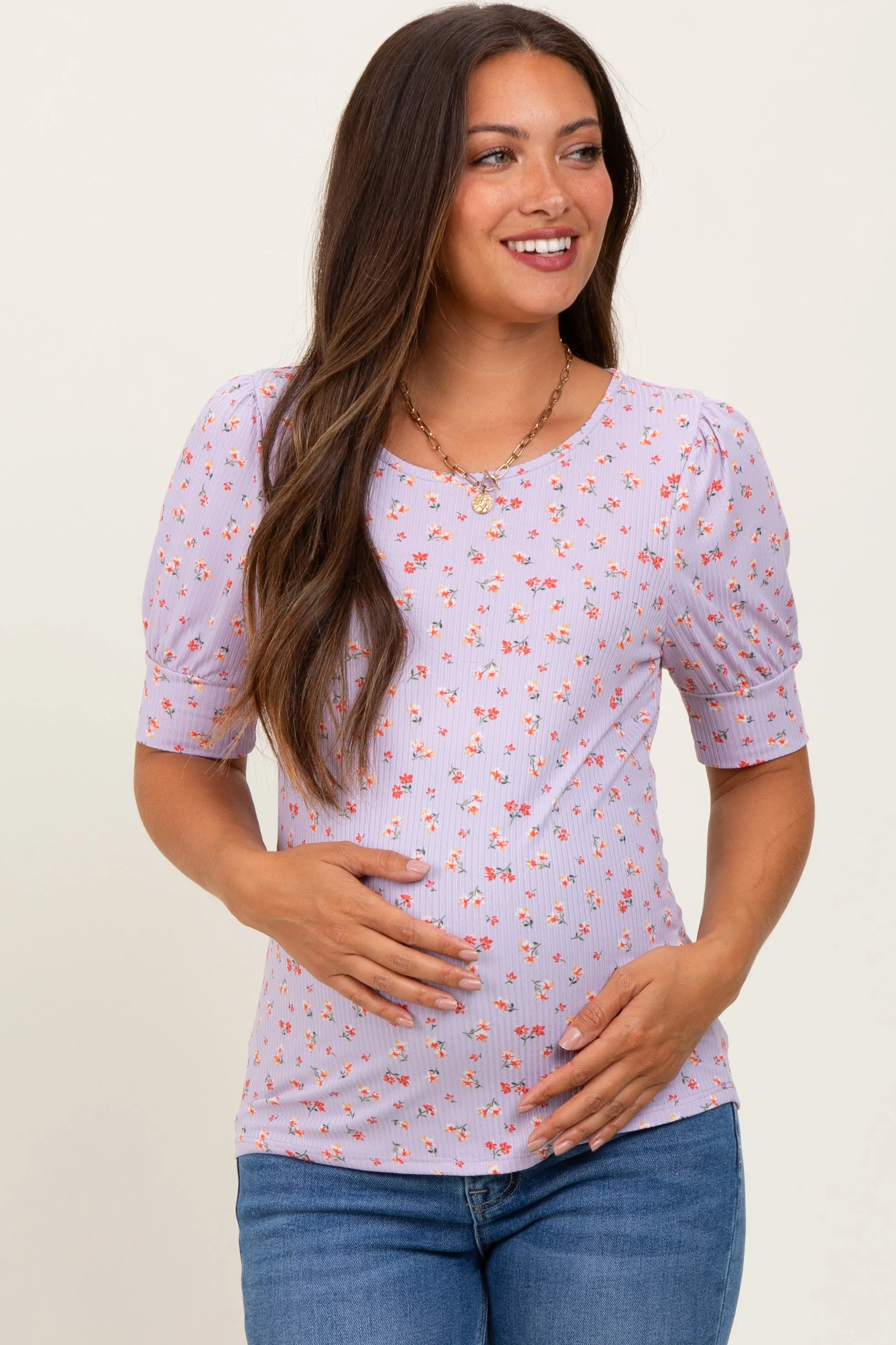 Lavender Floral Ribbed Puff Sleeve Maternity Top sold by Pinkblush product image thumbnail 2
