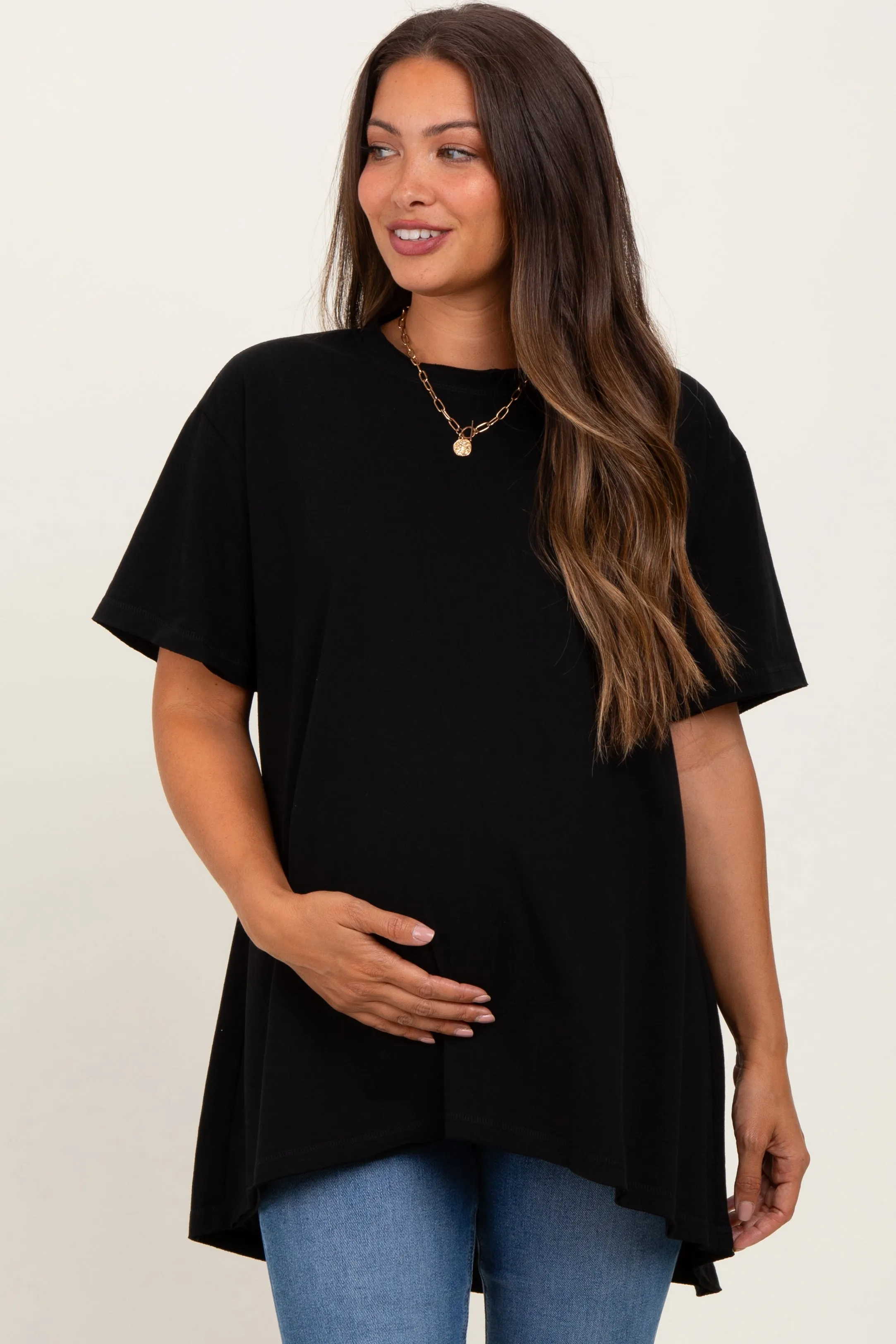 Black Oversized Cut Hem Maternity Short Sleeve T-Shirt sold by Pinkblush