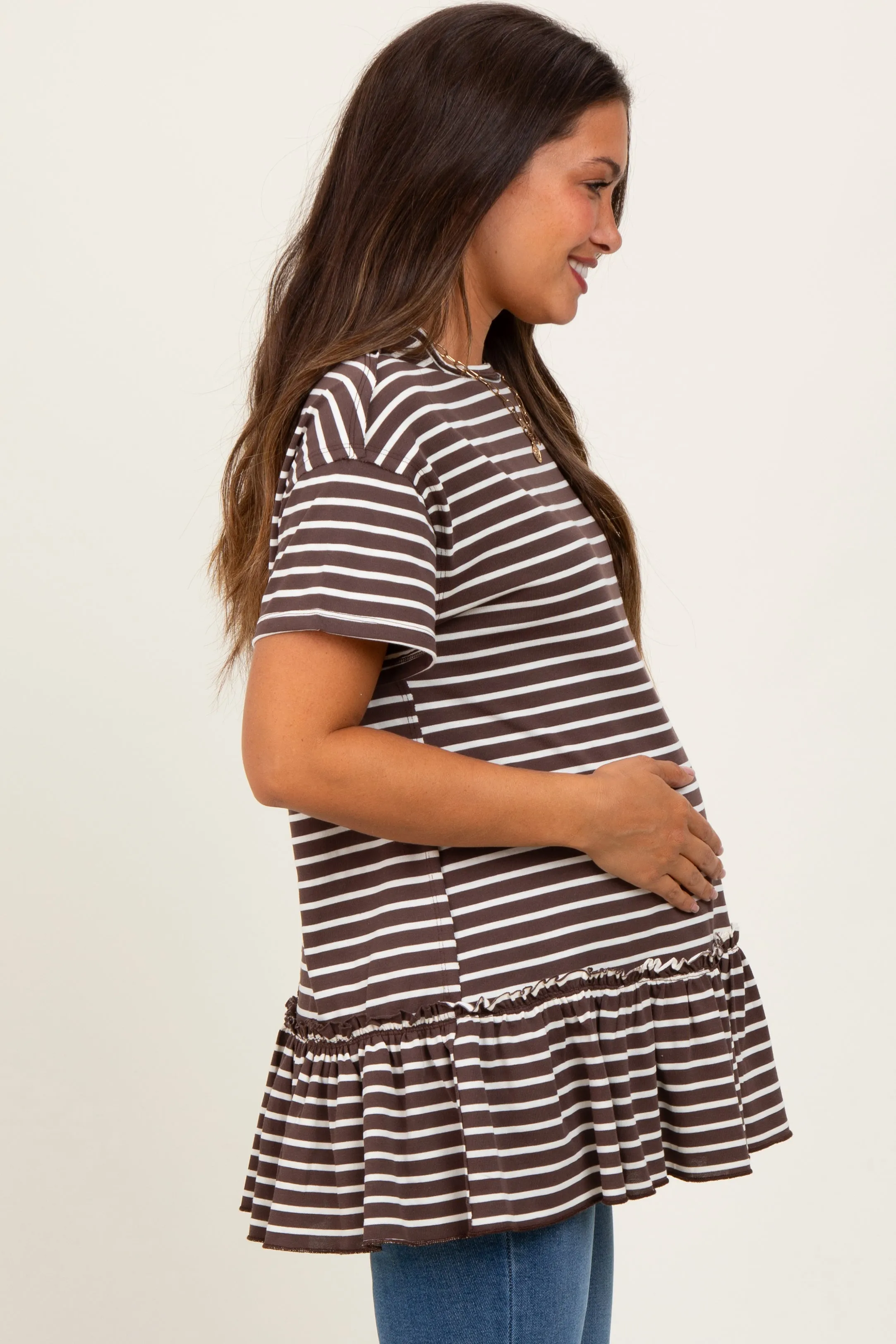 Mocha Striped Ruffle Hem Maternity Short Sleeve Top sold by Pinkblush product image thumbnail 2