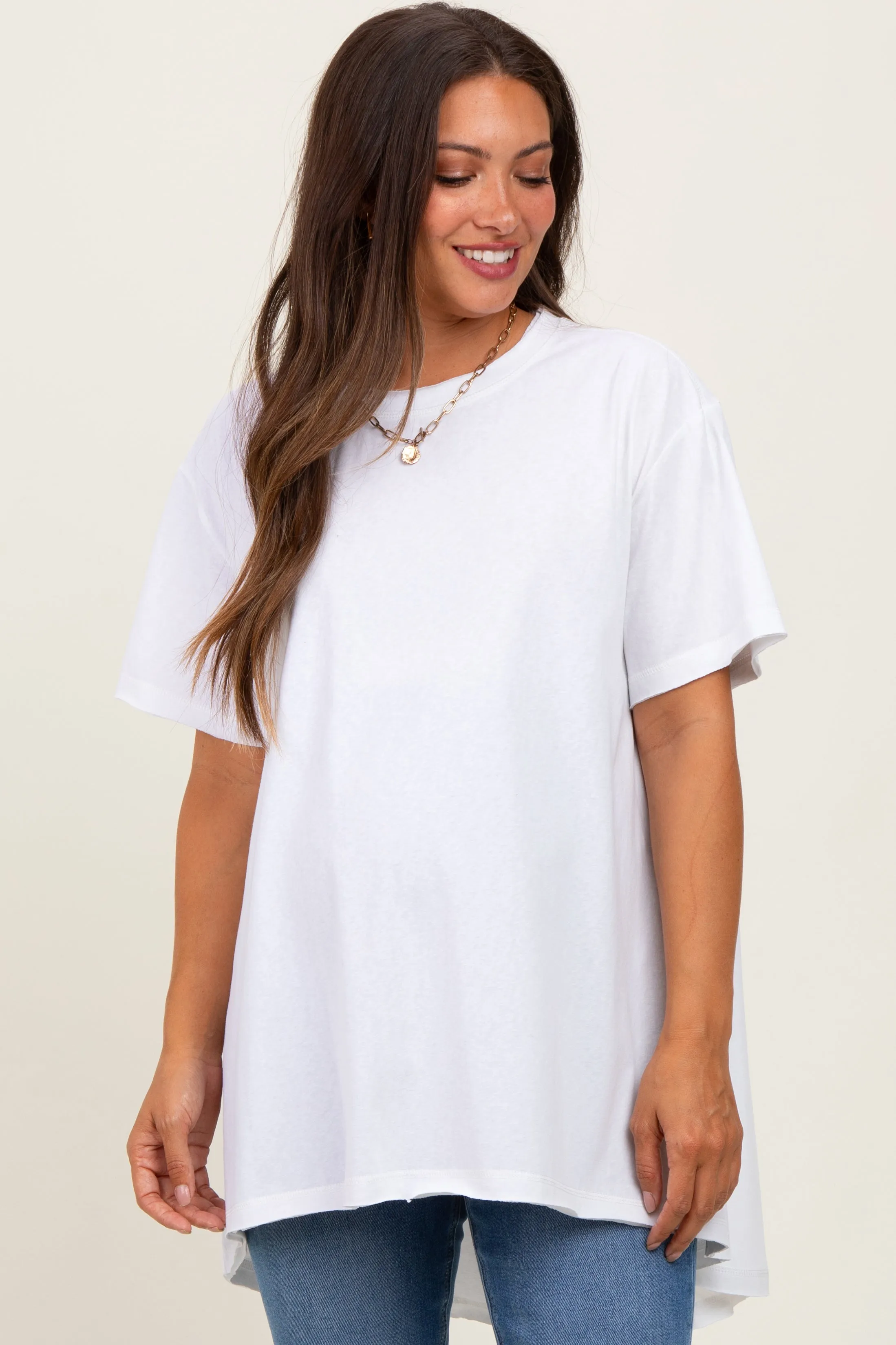 White Oversized Cut Hem Maternity Short Sleeve T-Shirt sold by Pinkblush