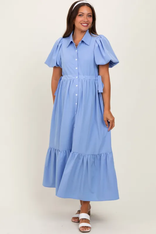 Light Blue Puff Sleeve Side Tie Maternity Midi Shirt Dress sold by Pinkblush